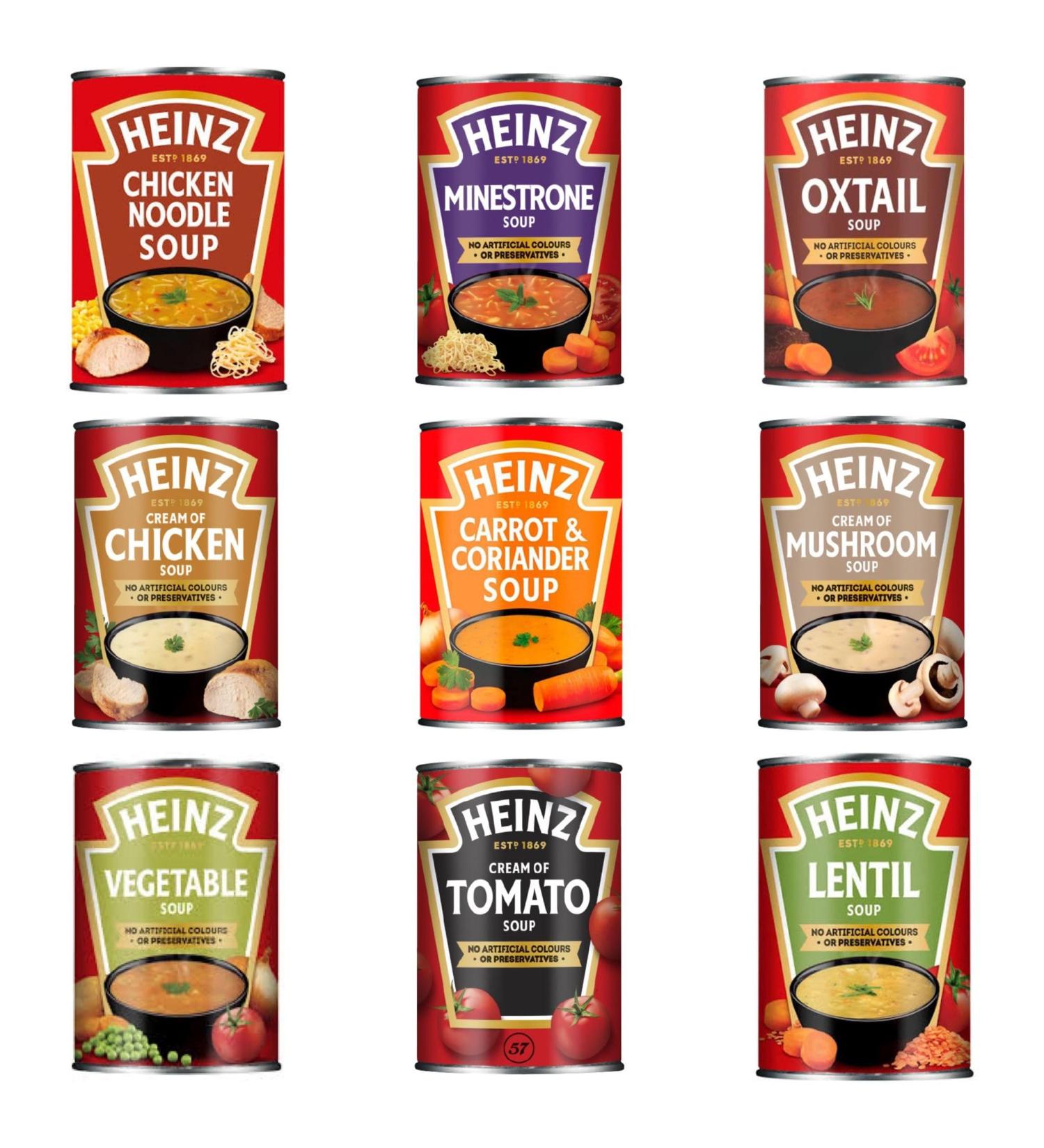 Heinz Soup Bundle - Contains 9 Different Soups Chicken Lentil Minestrone Tomato Oxtail Vegetable Mushroom Chicken Noodle Soup and Carrot and Corriander. (400g) - Buy Online on SooperMarket.com