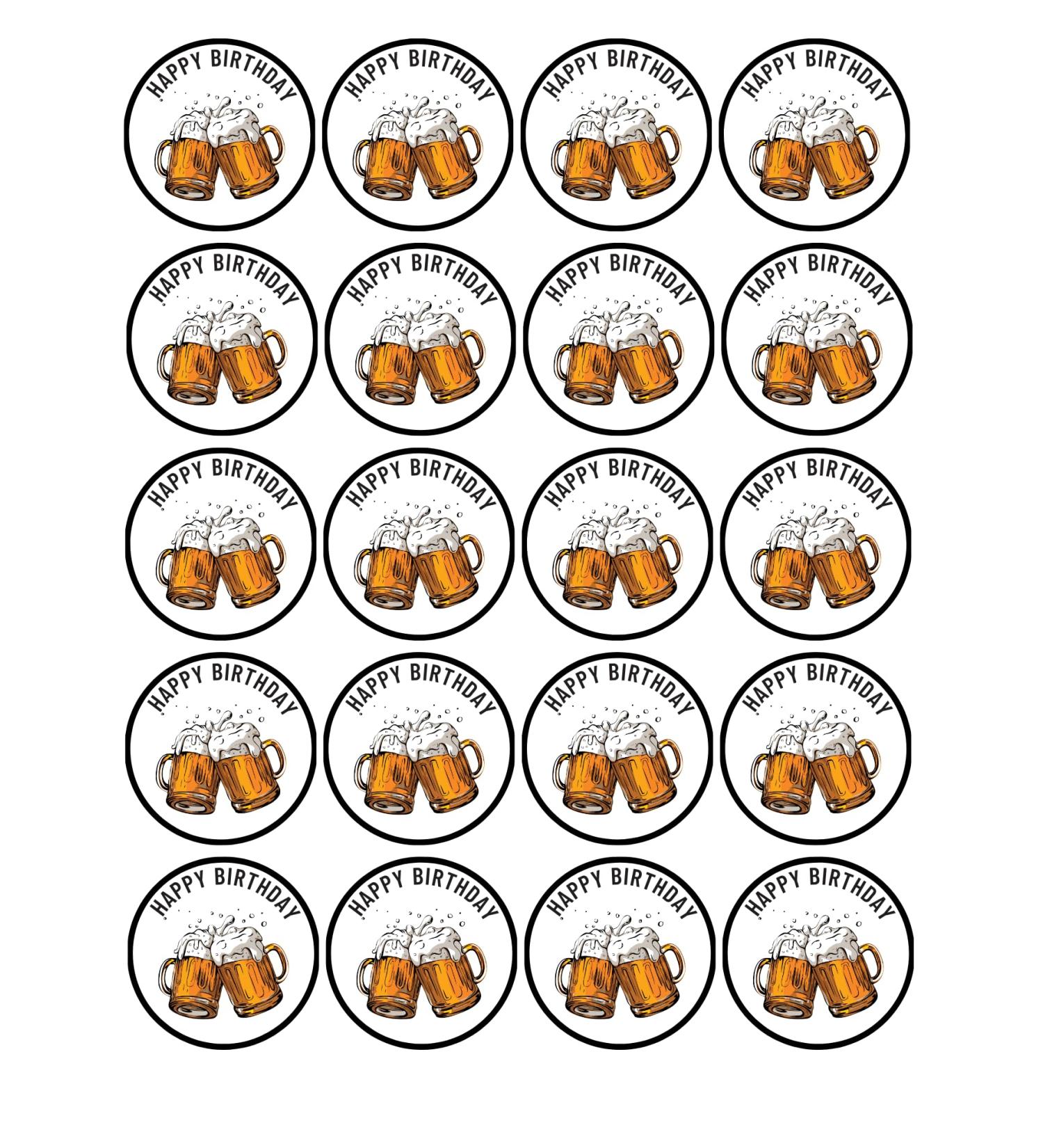 20 x edible BEER cupcake toppers wafer/icing uncut - ANY WORDING - Birthday/Retirement (ICING PAPER)