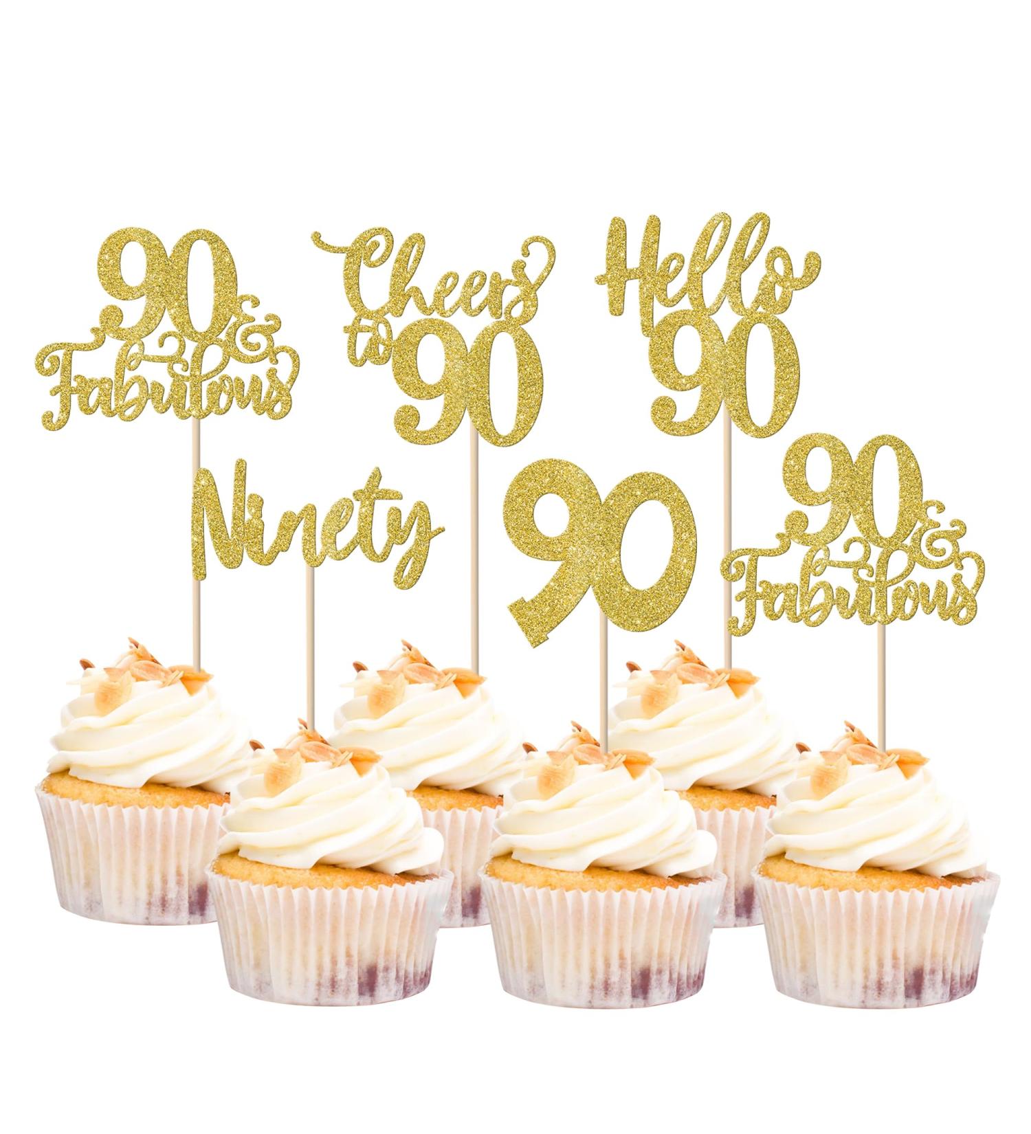 Rsstarxi 30 Pack 90th Birthday Cupcake Toppers Glitter Ninety Cheers to 90 Birthday Hello 90 Fabulous Cupcake Picks Decorations for Happy 90th Birthday Wedding Anniversary Party Cake Decors Gold Gold 90th