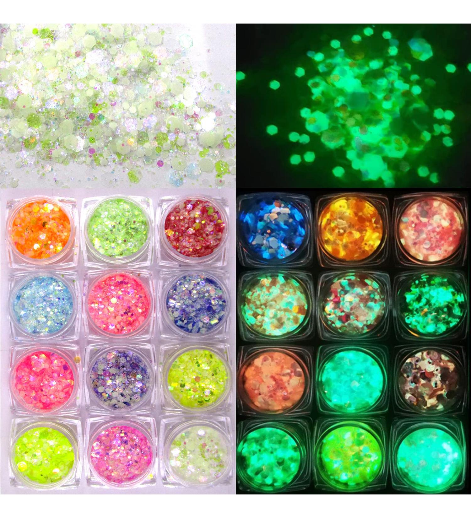 12 Colors Night Glow Chunky Glitters for Nails, Crafts & Makeup - Neon Powder Sequins for Resin & Festival Fun - Buy Online on SooperMarket.com