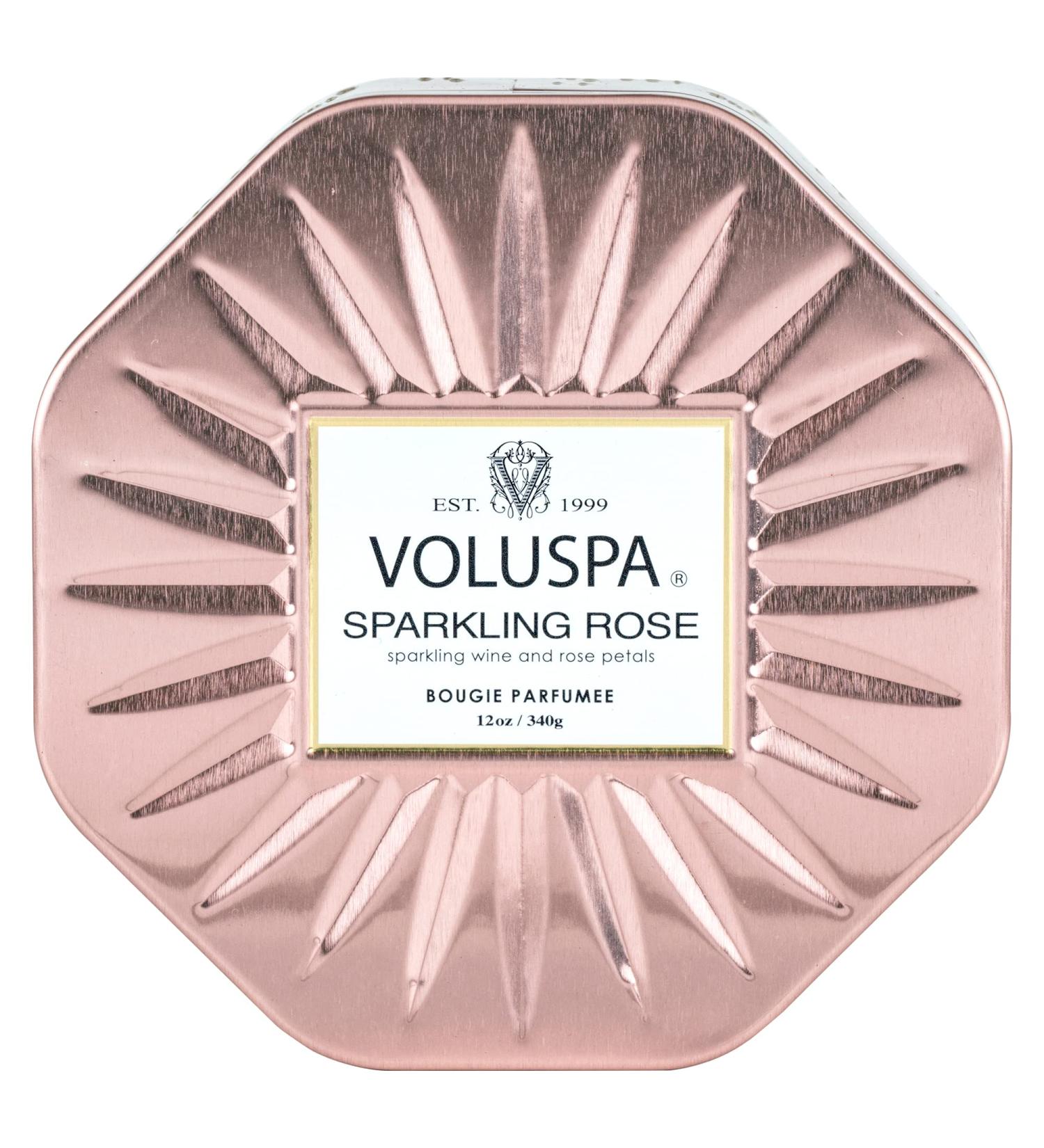 Voluspa Sparkling Rose 3 Wick Tin Candle 12 Ounce 40 Hour Burn Time All Natural Wicks and Coconut Wax for Clean Burning Vegan Poured in The USA Octagon Tin Sparkling Rose