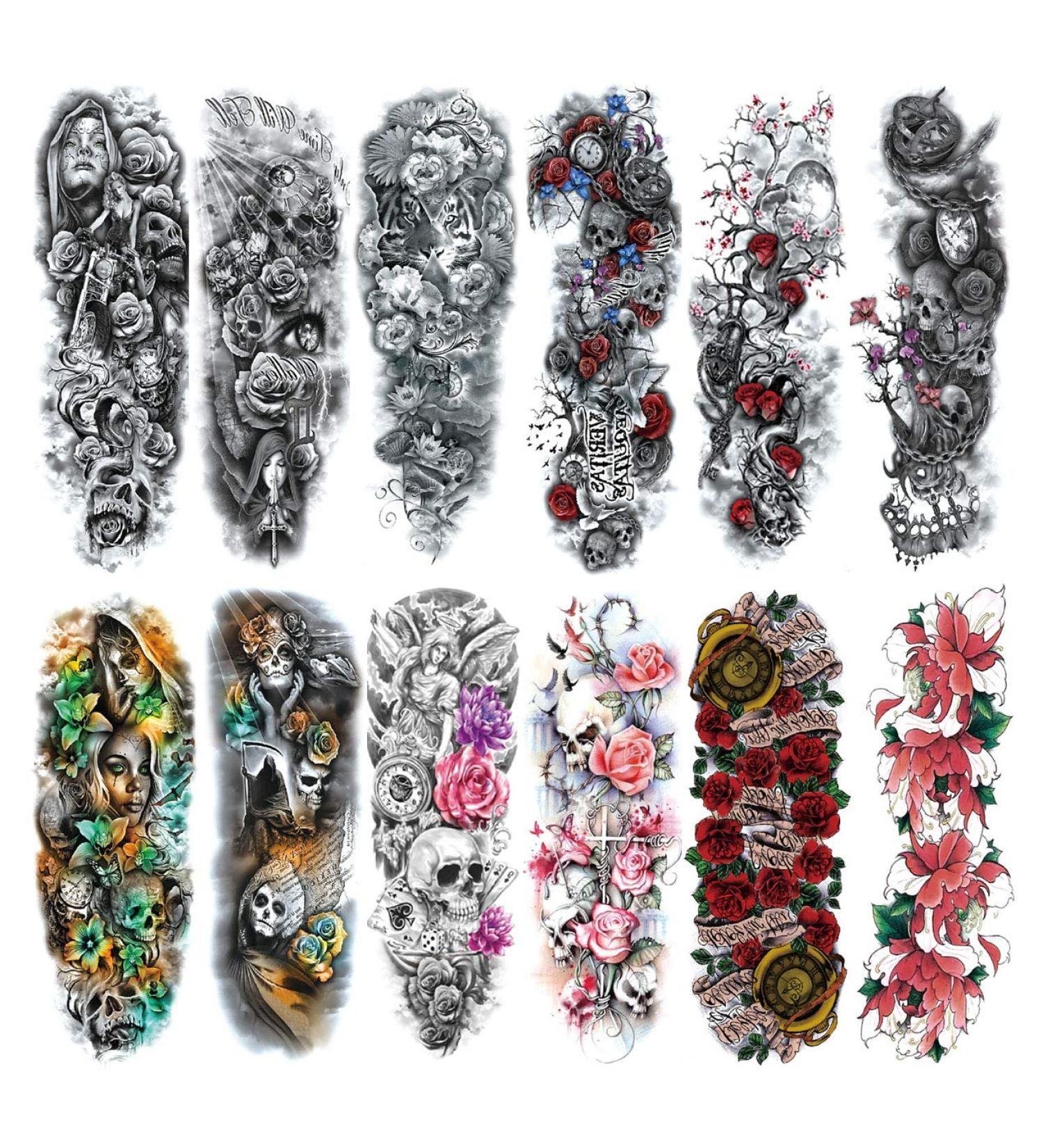 Pinone Full Arm Temporary Tattoo Set - 12 Sheets - L19xW7 - Men & Women - Buy Online on SooperMarket.com