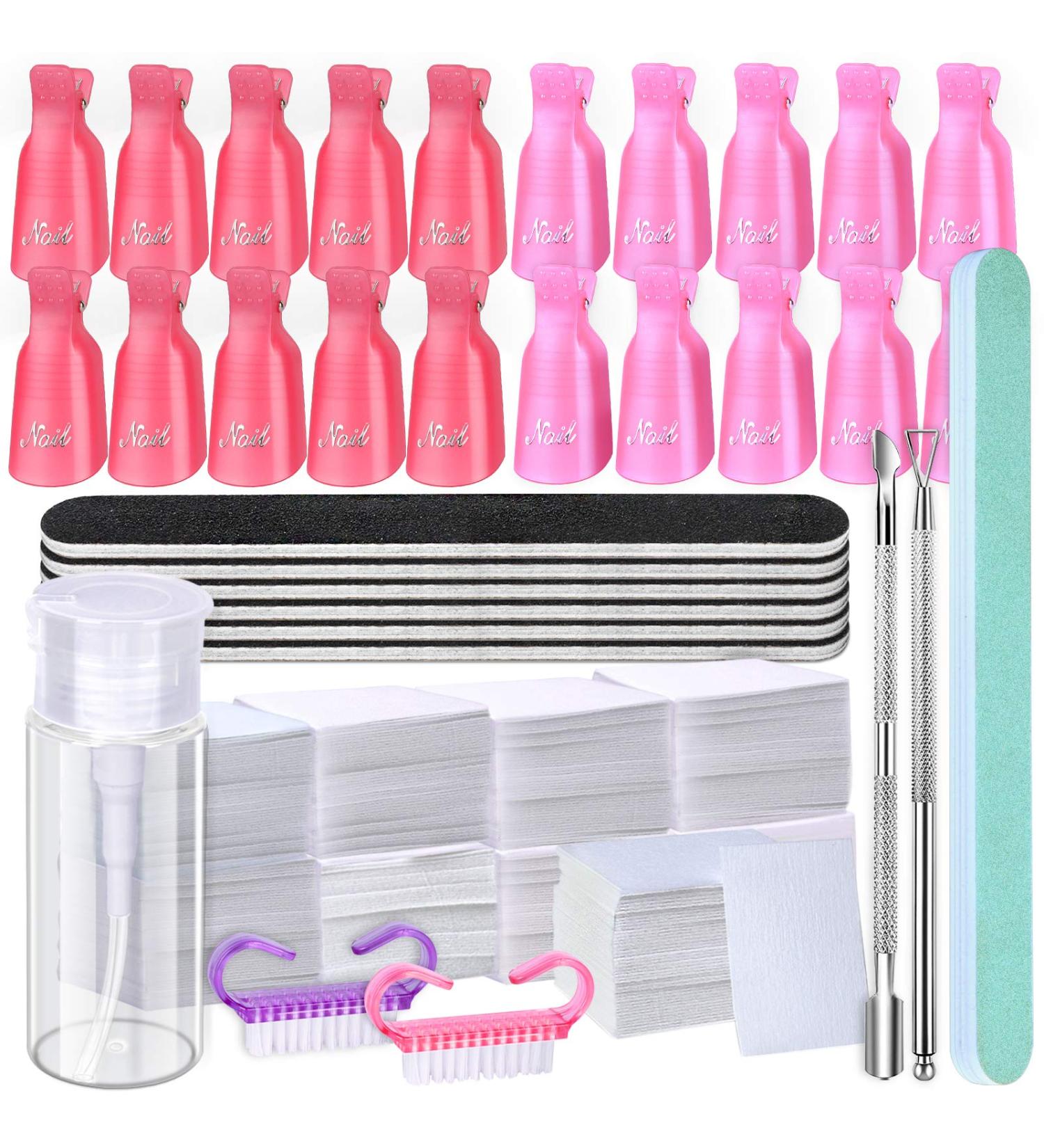 Gel Nail Polish Removal Kit: 20 Plastic Nail Clips, 550 Cotton Pads, 120ml Dispenser Bottle, 7 Nail File Grits, 2 Nail Brushes, 2 Cuticle Pushers - Buy Online on SooperMarket.com
