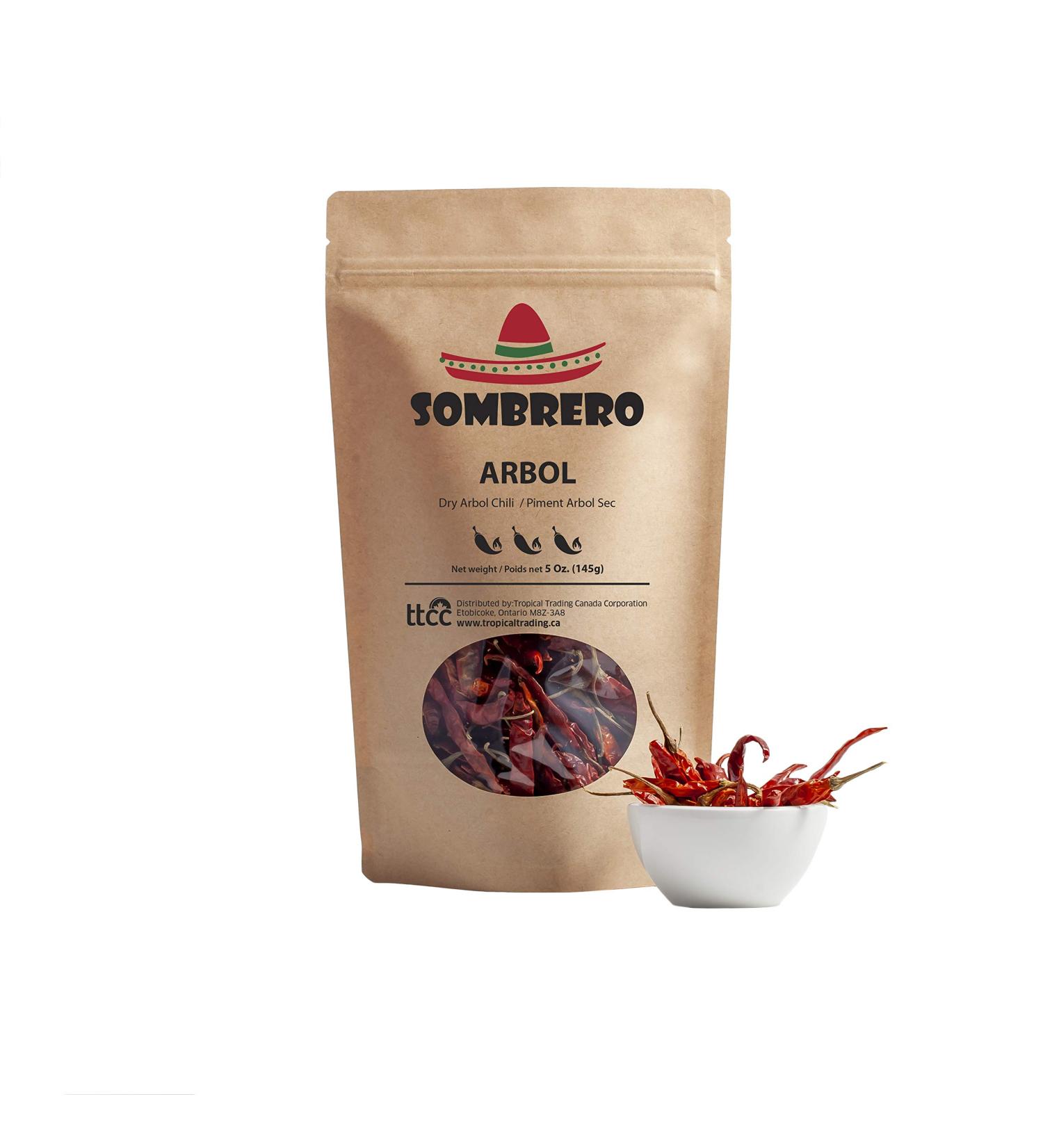 Dried Arbol Chili Peppers with Stems 200gr by Sombrero (Bird s Peak Chile de Arbol or Rat s Tail Chili). Known as Mexico s Hottest Chili!