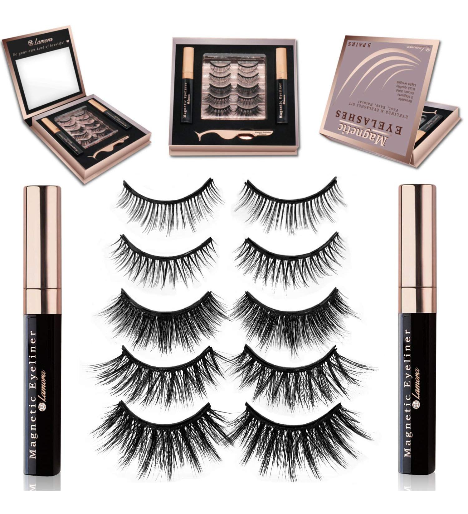 Magnetic Eyelashes with Eyeliner Kit - Magnetic False Eyelashes Multipack with Reusable Natural Magnetic Lashes - 5 Pairs Magnetic Fake Eyelashes Free Applicator Mirror & Protective Gift Storage Box - Buy Online on SooperMarket.com