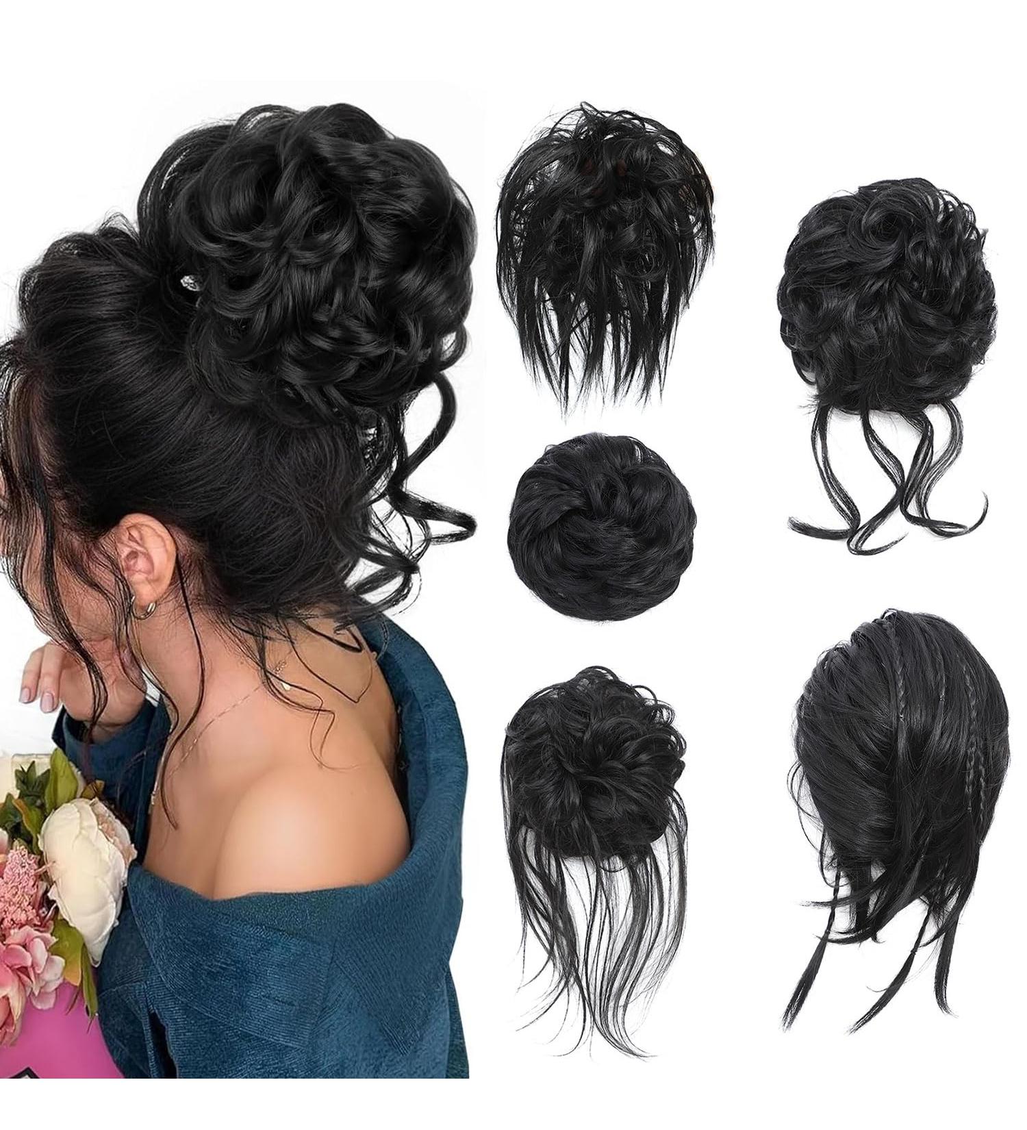 Fulang Hair 5-Pack Large Wavy Bun Hair Parts with Rubber Bands Artificial Hair Extensions for Women s Updos & Messy Buns (1B) - Buy Online on SooperMarket.com