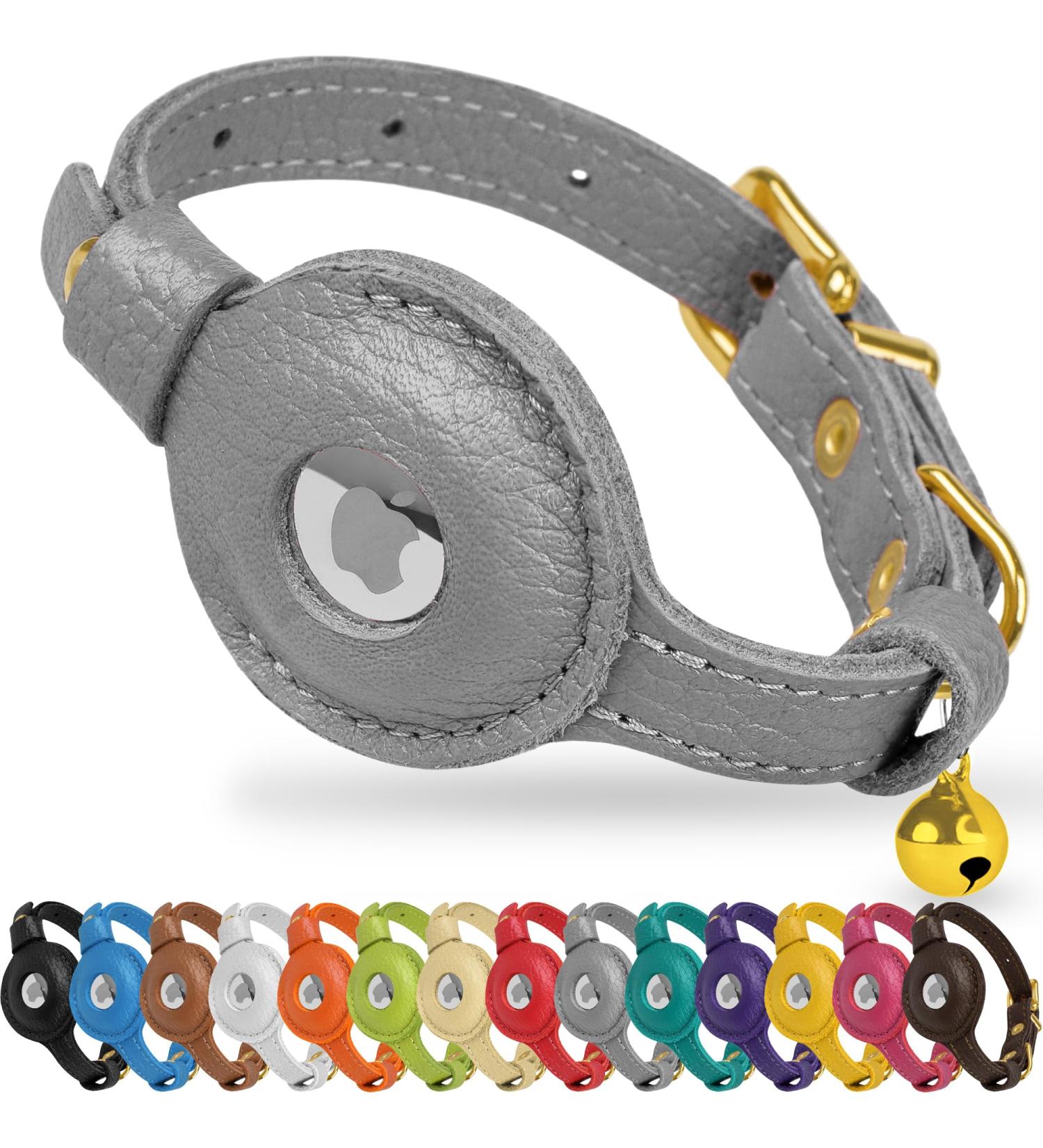 OOPSDOGGY AirTag Cat Collar with Bell - Non Breakaway Leather Kitten Collar with Apple Air Tag Holder - Lightweight Integrated GPS Pet Collars for Girl Boy Cats Small Dogs Puppies (Gray) - Buy Online on SooperMarket.com