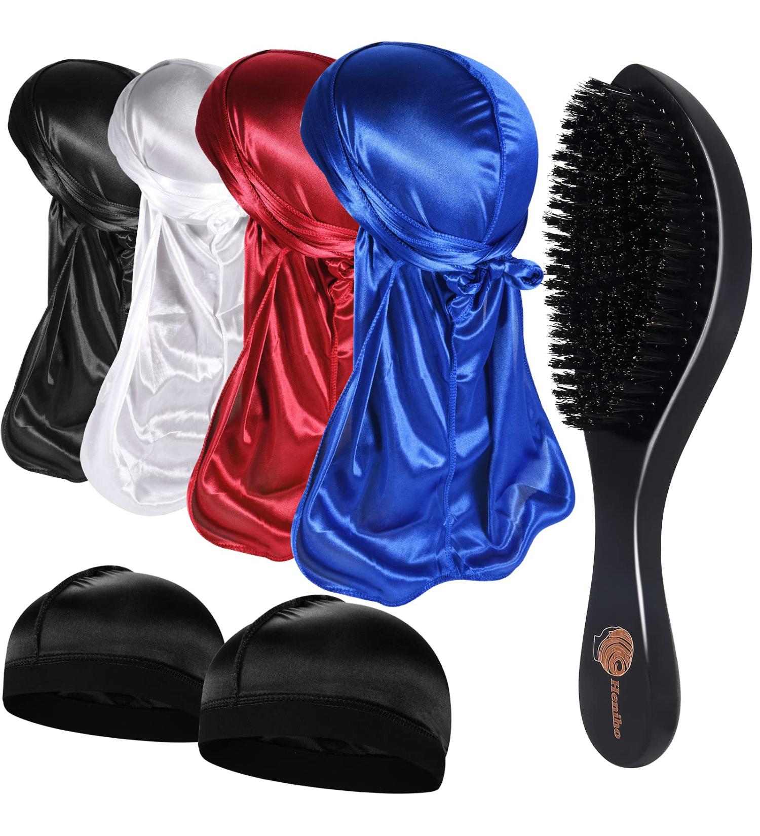 6-Piece Durag and Wave Brush Set for Men - 360 Curved Medium/Hard Hair Brushes - Includes 4 Silky Durags in Black, Red, Royal Blue, White - Premium Kit - Buy Online on SooperMarket.com