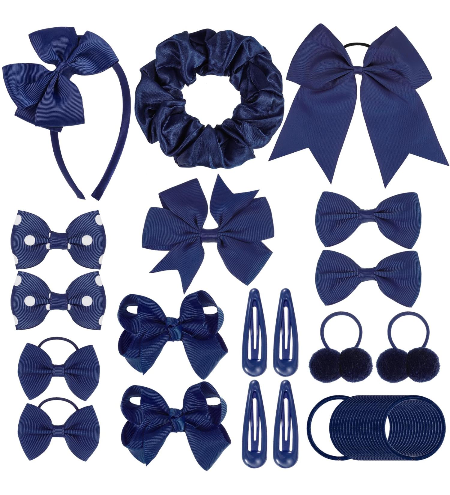 Navy Blue Girls School Hair Accessories Kit - 48Pcs Ribbon Hair Barrettes, Headband, Ponytail Holder, Elastics Bands - Perfect Birthday Gift - Buy Online on SooperMarket.com