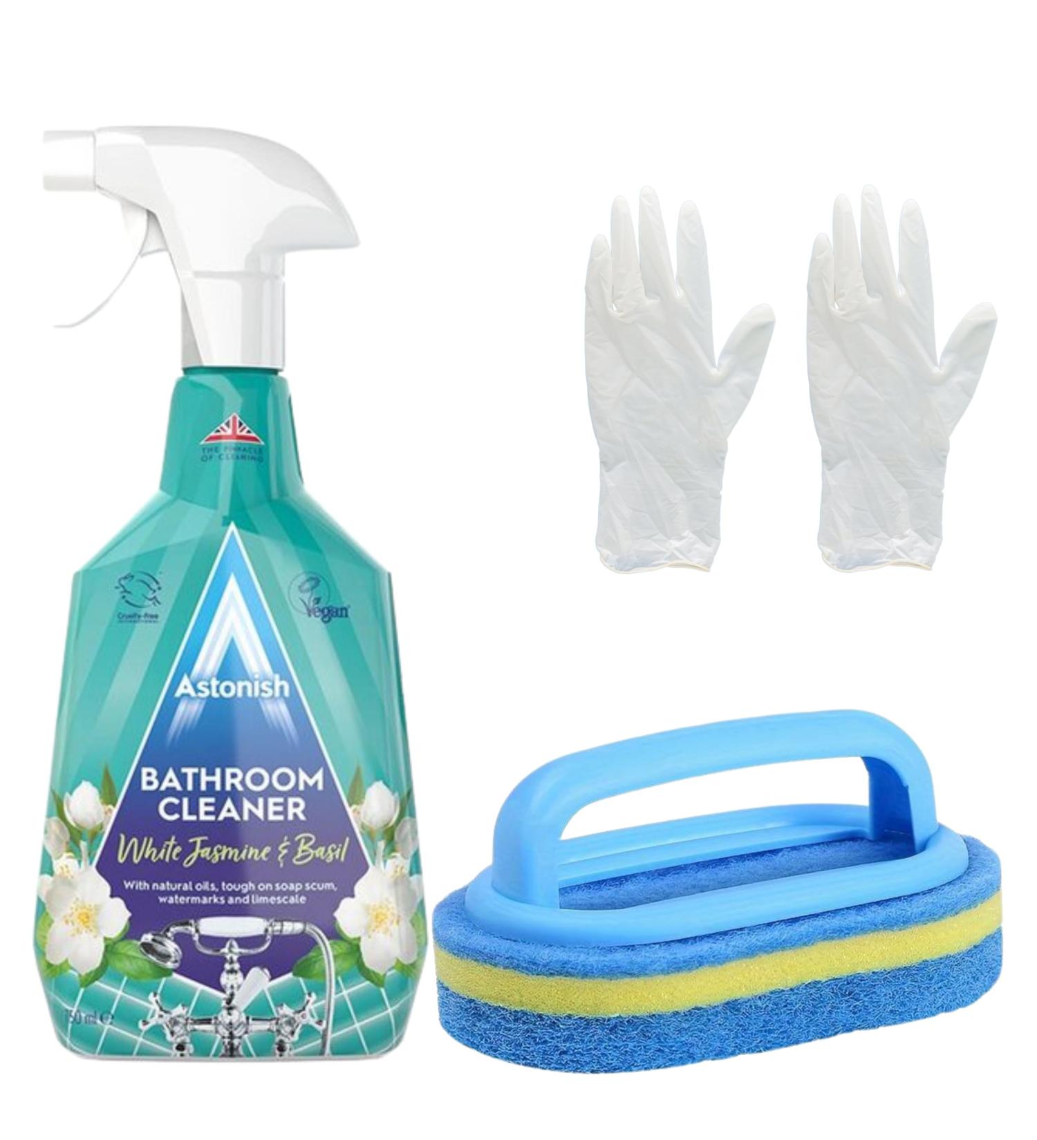 Bathroom Cleaner Spray Set - Bundle Includes Astonish Bathroom Spray 750ml Durable Cleaning Sponge and Pair of Disposable Gloves - Restores Bathroom Shine by Removing Tough Dirt - Buy Online on SooperMarket.com