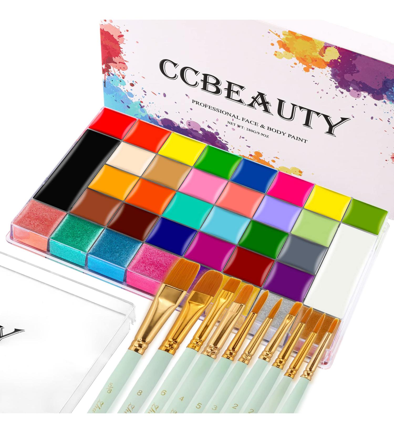 CCbeauty 36 Colors Face Body Paint Oil Palette with Green Brushes Kit | Professional, Non-Toxic, Hypoallergenic for Halloween, Cosplay, SFX | Adults & Girls - Buy Online on SooperMarket.com
