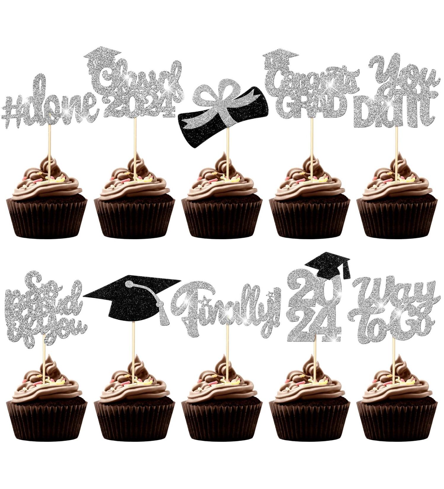 FoldTier 100 Pcs Graduation Cupcake Toppers Congrats Grad Class of 2024 Graduation Cupcake Picks Diploma Cupcake Toppers Supplies for Cake Graduation Party Decorations (Black Silver) - Buy Online on SooperMarket.com