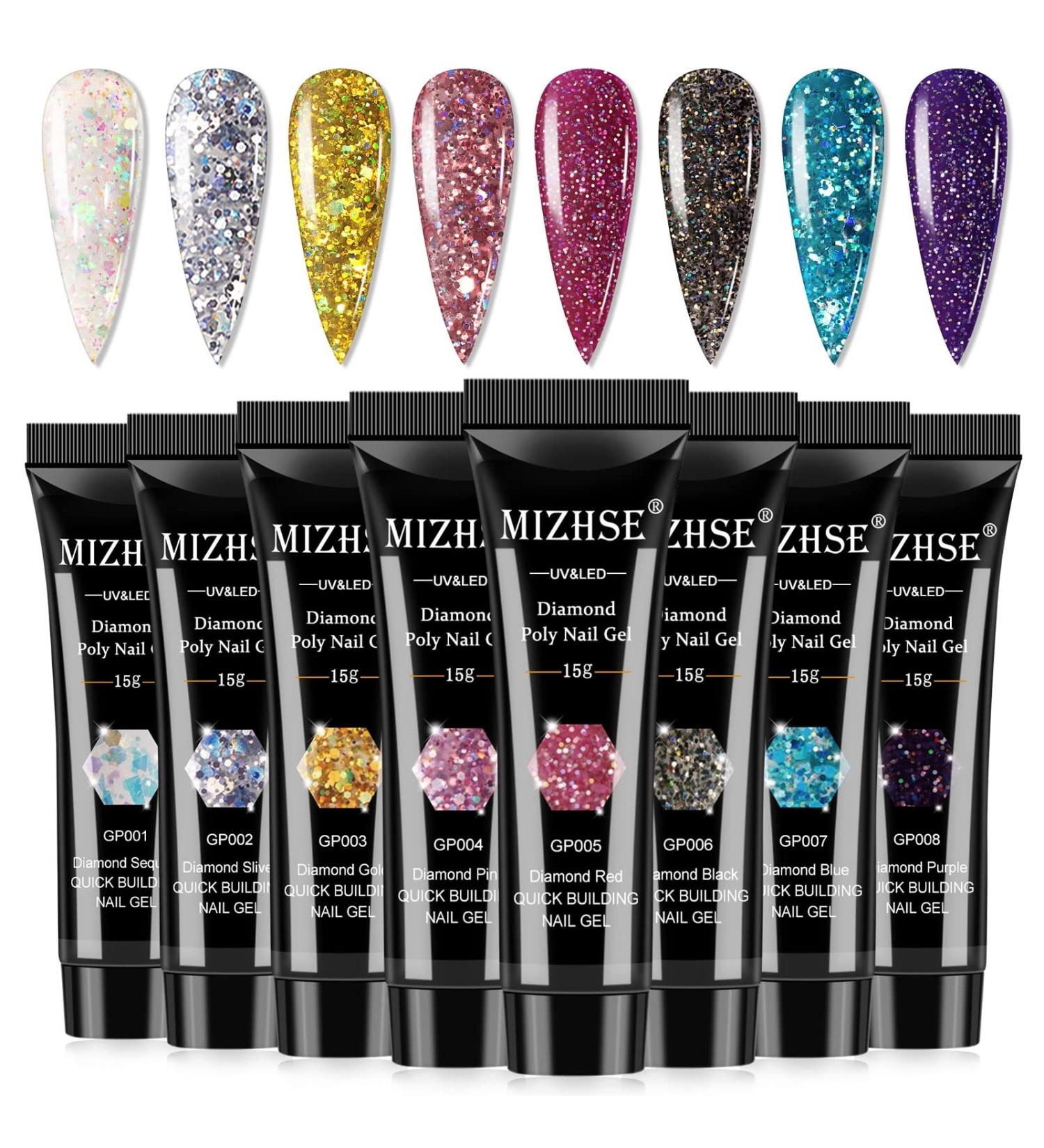 MIZHSE Diamond Glitter Poly Nails Gel Set Siver Gold Poly Nail Gel Nail Extension Gel Kit Blue Red Nail Builder Gel with Poly Nail Forms Nail Enhancement Manicure Kit for Nail Salon Gel Polish Starter Set14- - Buy Online on SooperMarket.com