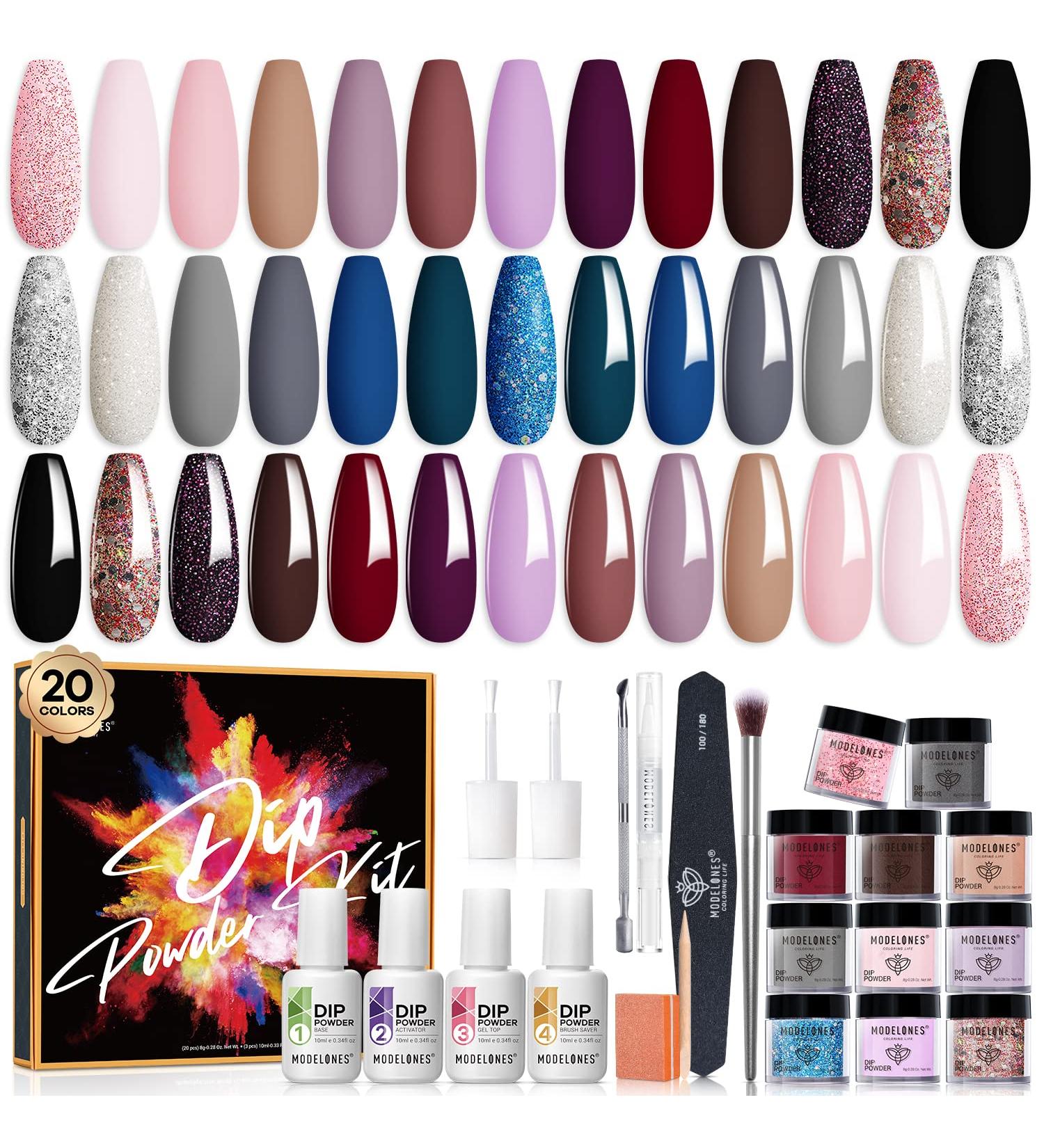 Modelones 32 Pcs Dip Powder Nail Kit Starter | 20 Colors Nude Pink Gray Acrylic Dipping Powder System | French Nail Art Manicure DIY Salon Gift Set - Buy Online on SooperMarket.com
