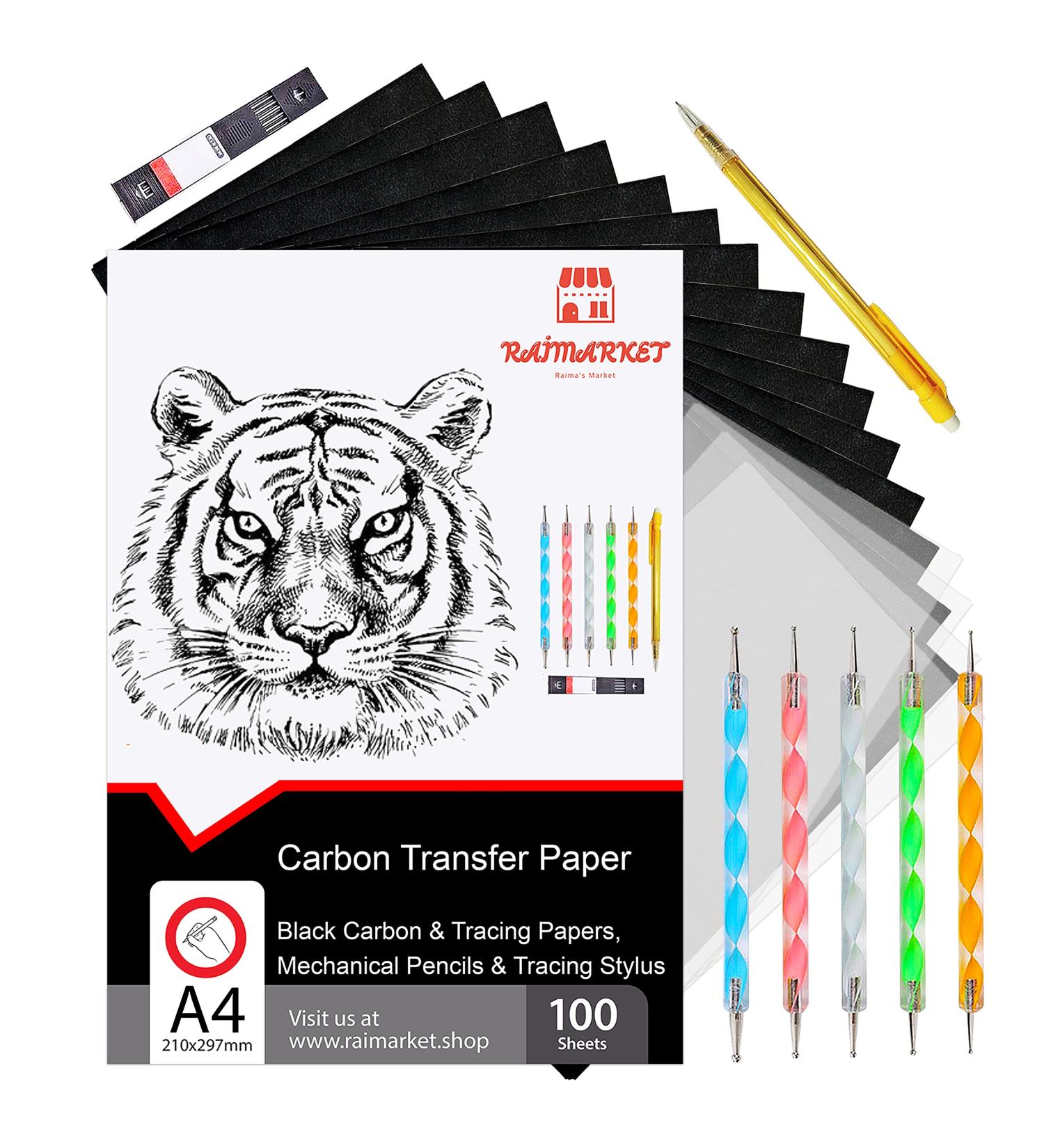 Raimarket 112 Pcs Black Carbon Paper for Tracing On Fabric, Wood, and Sewing - Includes 5 Tracing Paper for Sewing Patterns, Pencil, Lead Box, Stylus - A4 Size Graphite Transfer Paper - Buy Online on SooperMarket.com