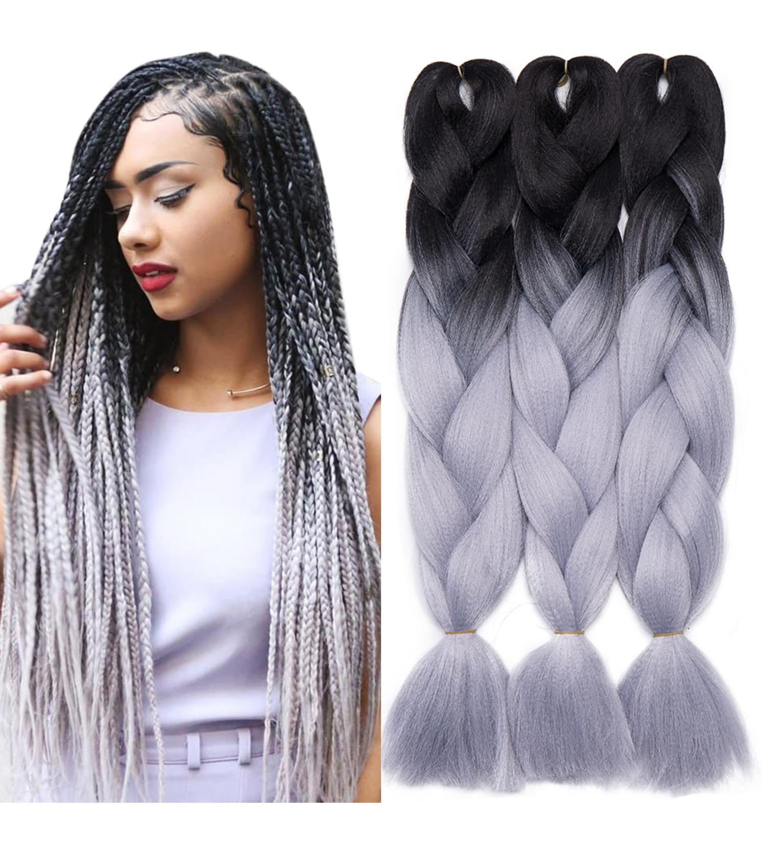 Tess Braids Extensions 60 cm - Jumbo KanCalon Ombre Hair Braids #28 Gray/Raven Black | 100g Bundle for Box Braids - Buy Online on SooperMarket.com