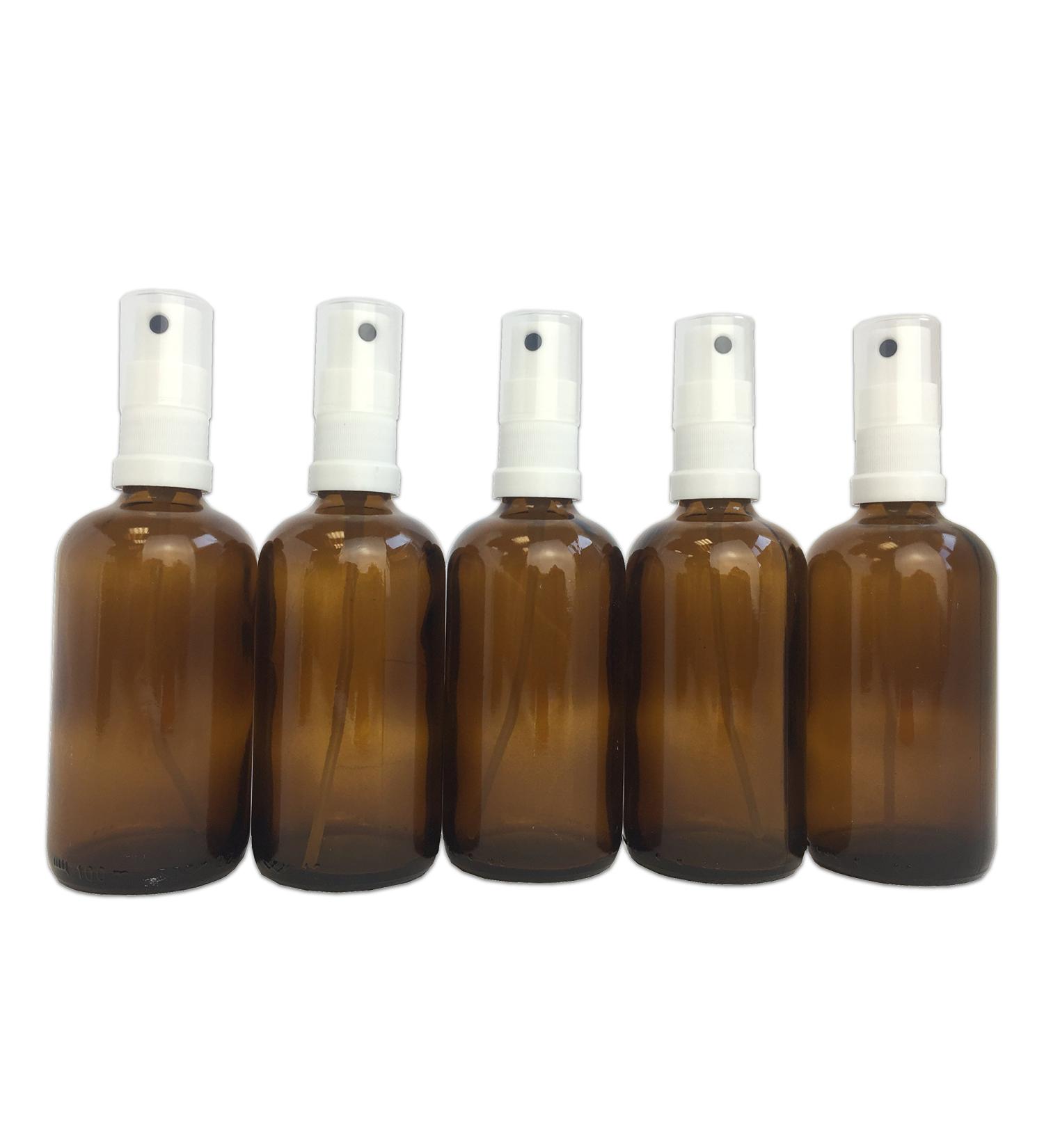 Glass bottles with atomizer set 5 x 100ml - medicine bottle made of brown glass with spray head DIN18 - BPA free