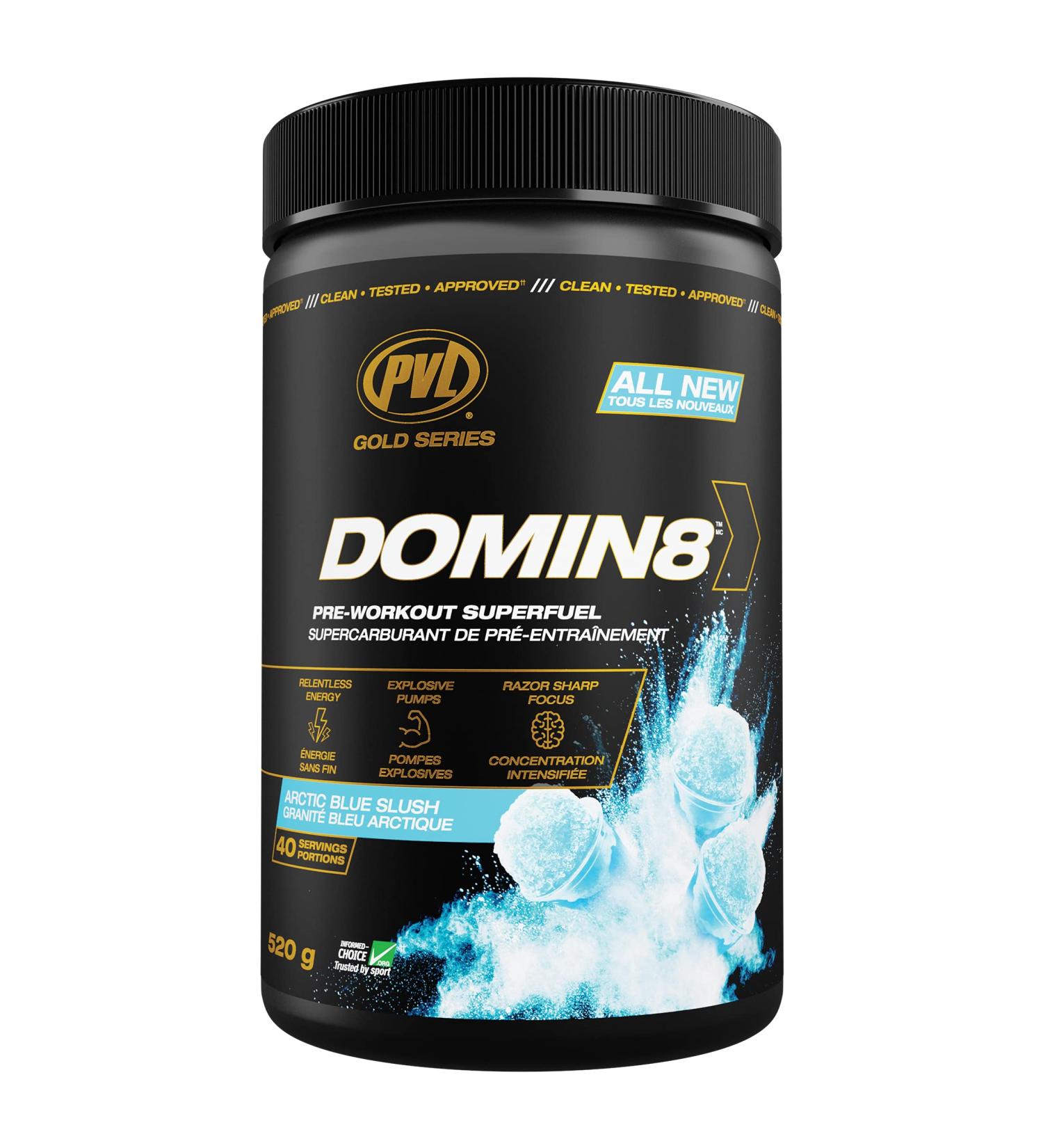 PVL Gold Series Domin8 | Pre-workout Superfuel - full dose Preworkout - 520 g - Artic Blue Slush - Buy Online on SooperMarket.com