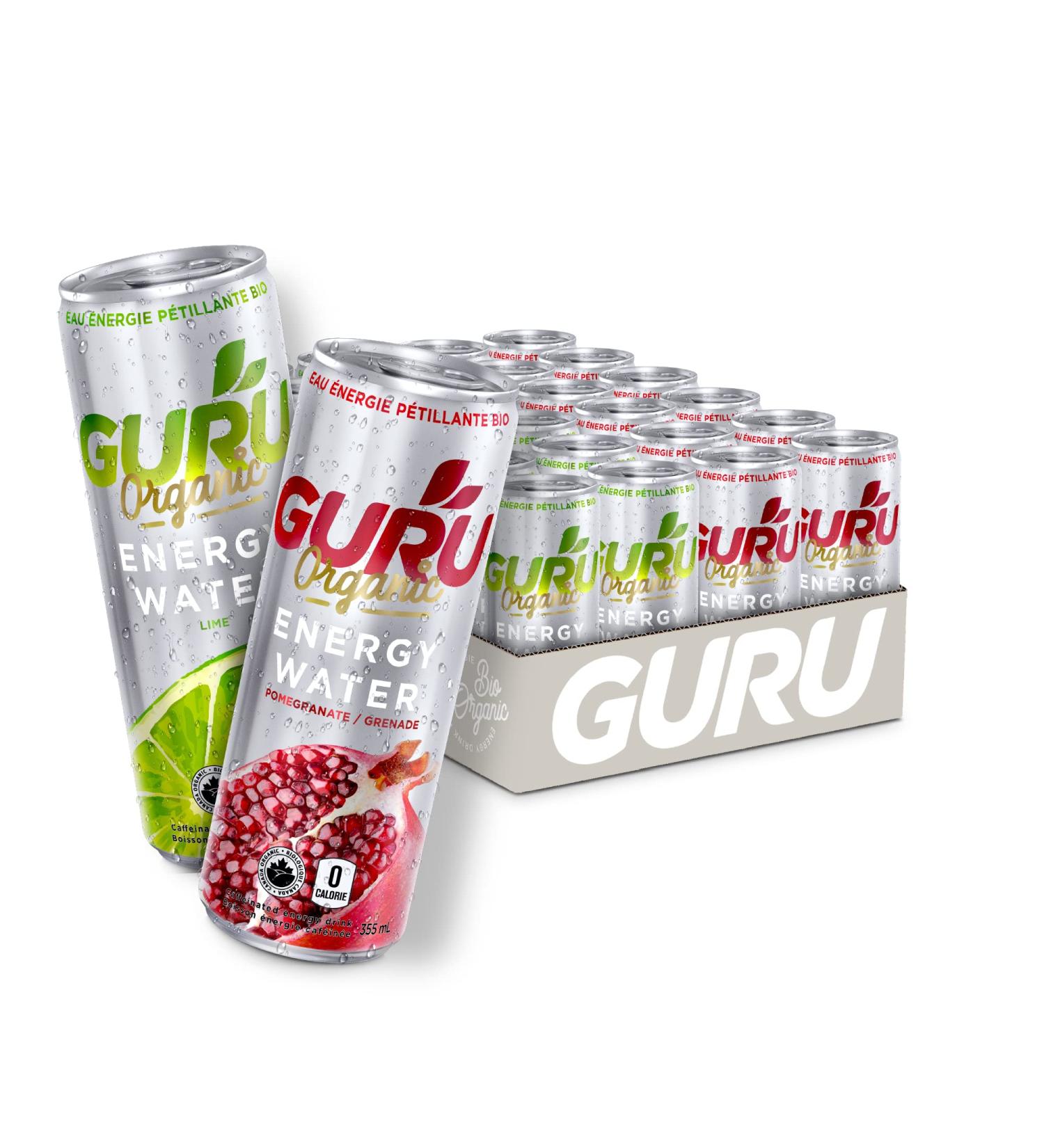 GURU Energy Sparkling Water Mix Pack | 0 Calories | Sugar Free | Certified Organic | 100mg Caffeine | Naturally Sweetened | 355ml (Pack of 24) (24 Pack Lime & Pomegranate) - Buy Online on SooperMarket.com