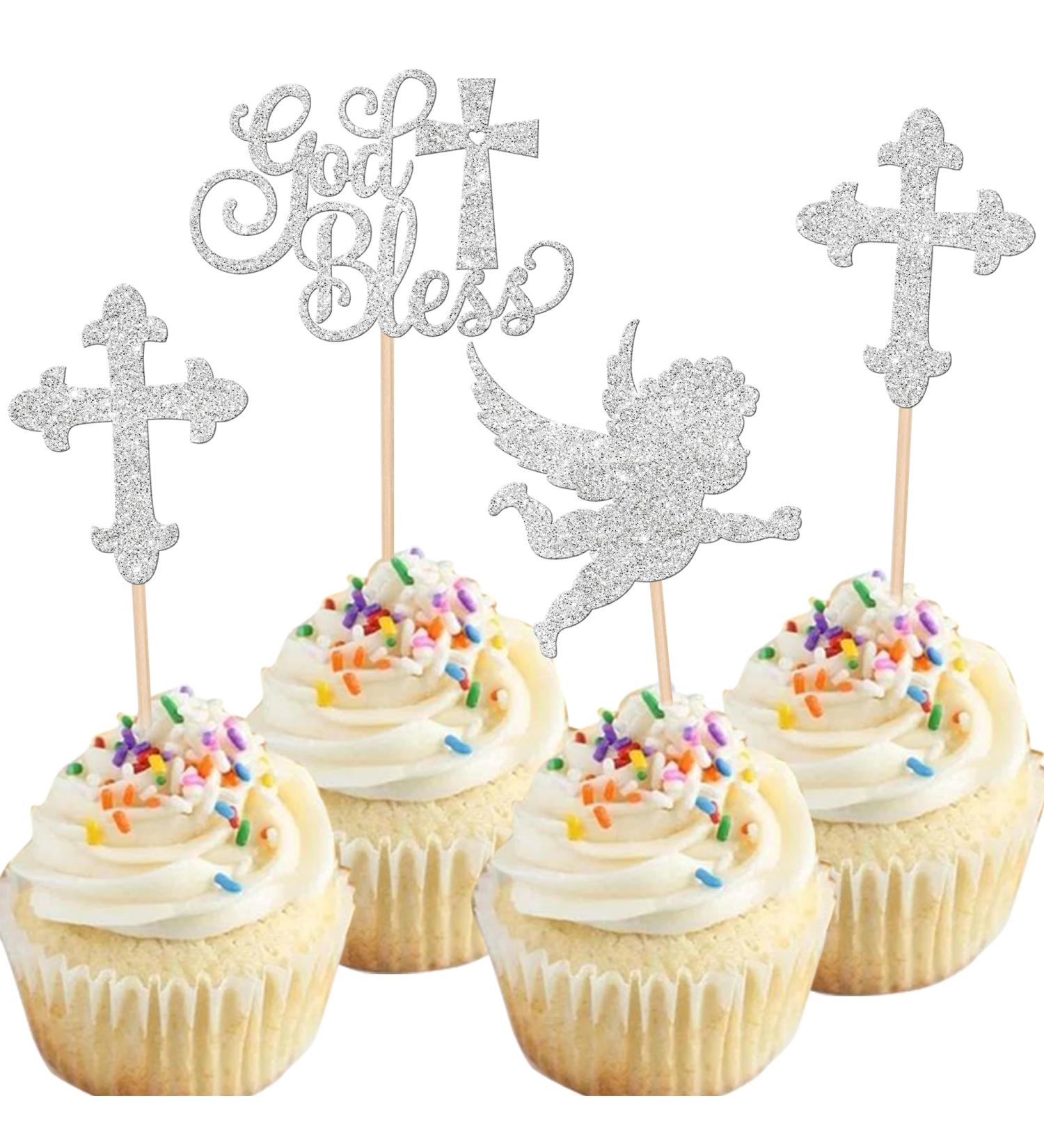 Rsstarxi 24 Pack God Bless and Cross Cupcake Toppers Glitter Angel Christening Babyshower Boy Baptism Cupcake Picks Decorations for First Communion Baptism Party Cake Decorations Silver - Buy Online on SooperMarket.com