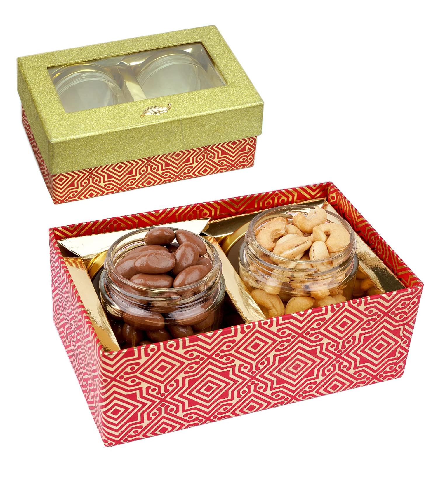 Jaiccha Ghasitaram Dryfruits Hamper- box with 2 Jars of Chocolate Coated Almonds and Roasted Cashews |Gift for Diwali Holi Rakhi Valentine Christmas Birthday Anniversary Her Him| - Buy Online on SooperMarket.com
