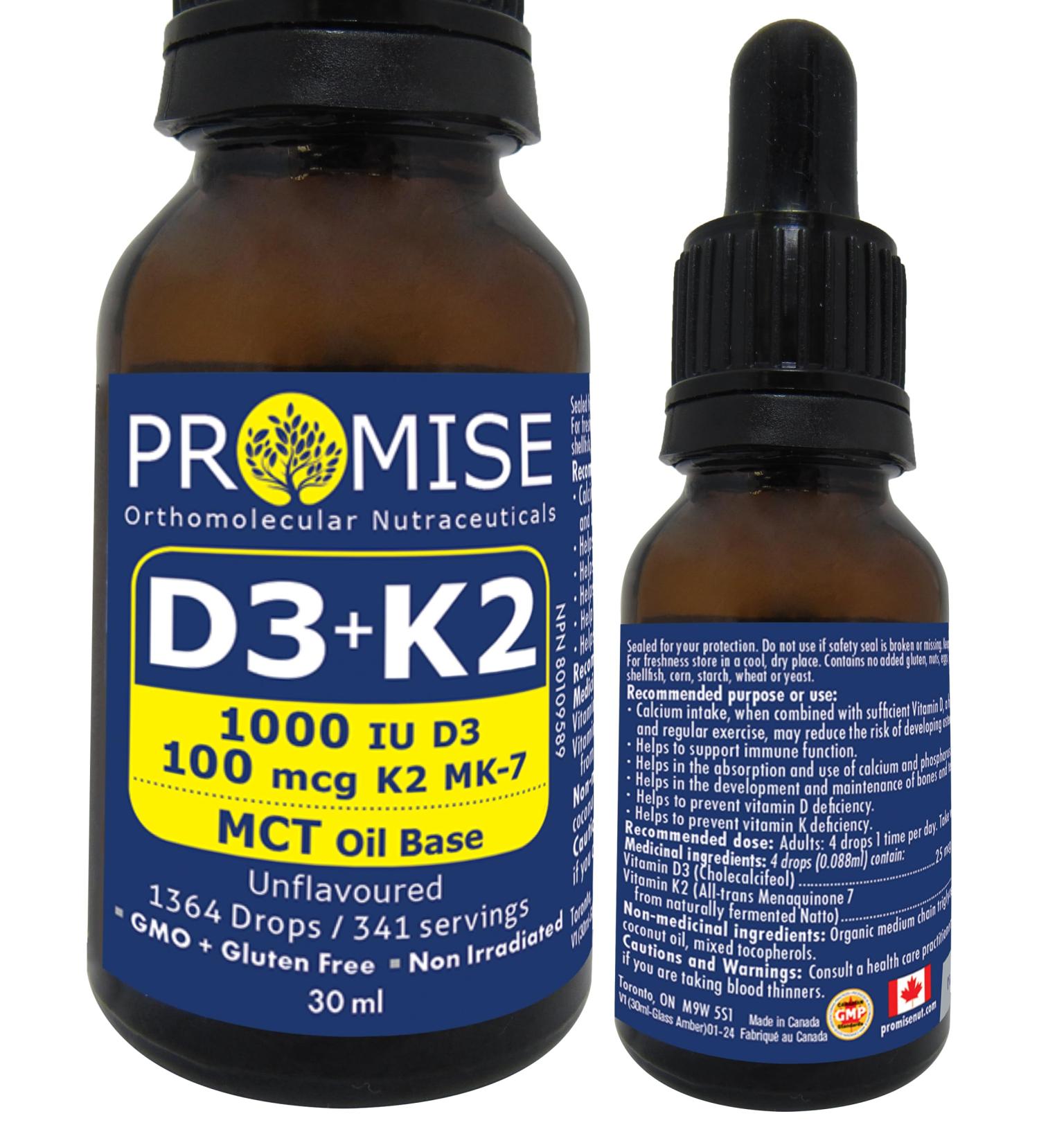 Promise Vitamin D3 + K2 in MCT oil 1364 drops Unflavoured Made in Canada (30ml - 341 servings) - Buy Online on SooperMarket.com