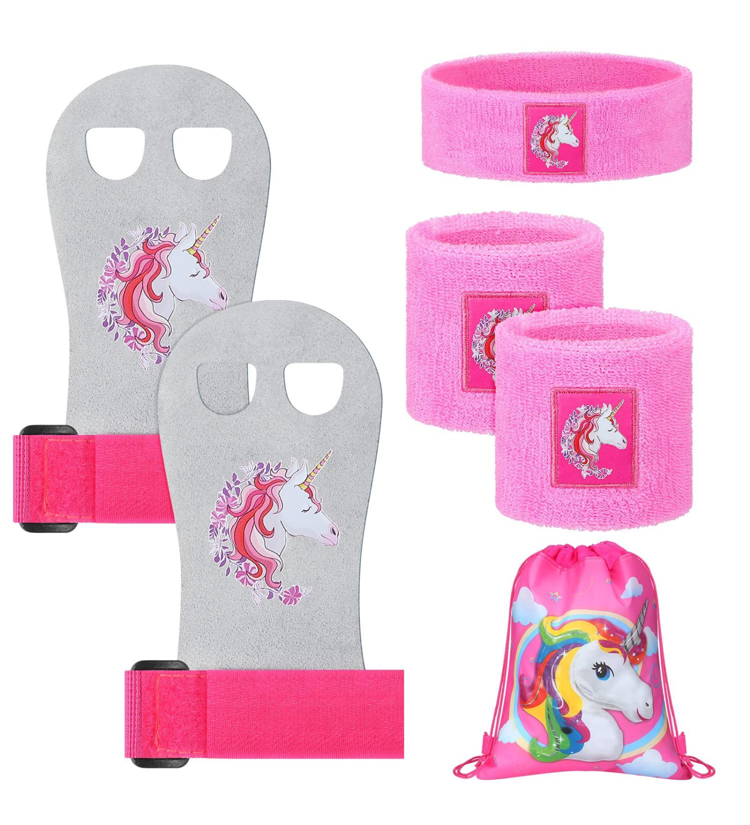 Unicorn Gymnastics Grips Set for Girls Kids - Pink Medium | 5 Pcs Hand Grips, Wristband, Sweatbands, Headband | Athletic Gloves with Drawstring Bags - Ideal Party Favors - Buy Online on SooperMarket.com