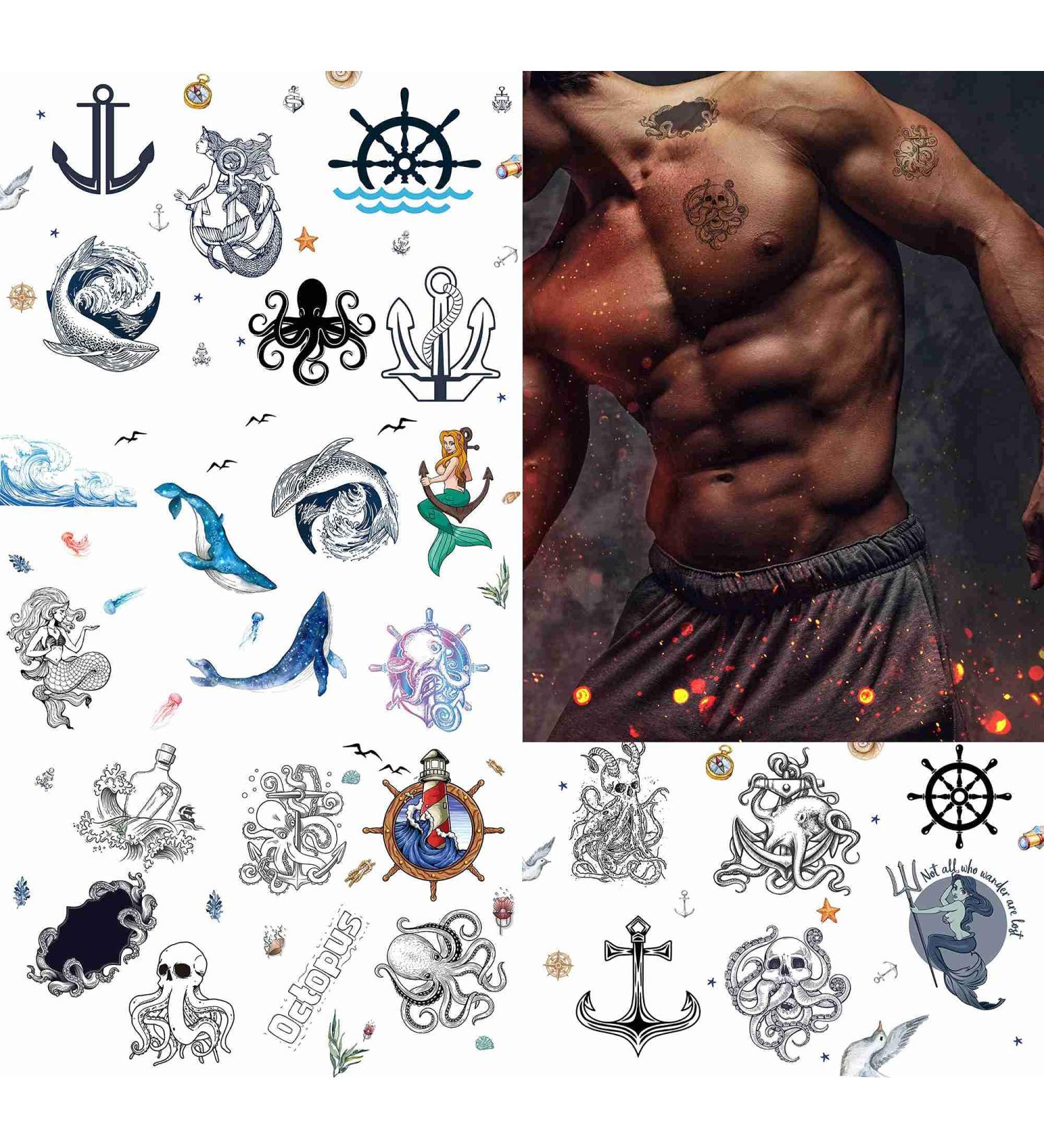 Dopetattoo 24 sheets Temporary Tattoos Mermaid Anchors Octopus Ocean Whale Fish Fake Tattoos for Face Body 3.7x3.7 16