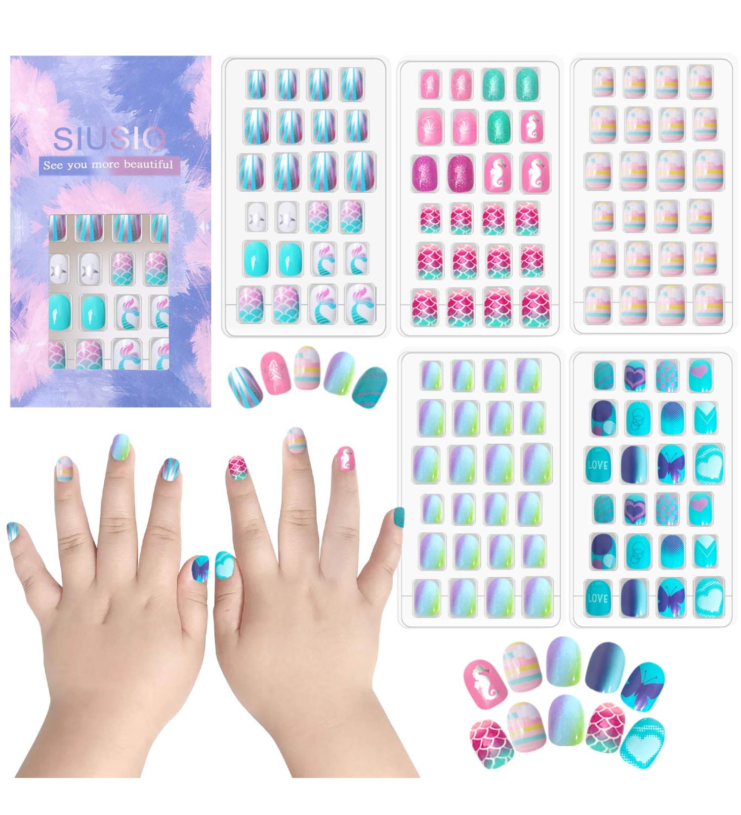 Siusio 120pcs Children Acrylic Fake Nails - Press On Glitter Gradient Nail Art Kits for Girls - Mermaid Beach Series - Buy Online on SooperMarket.com