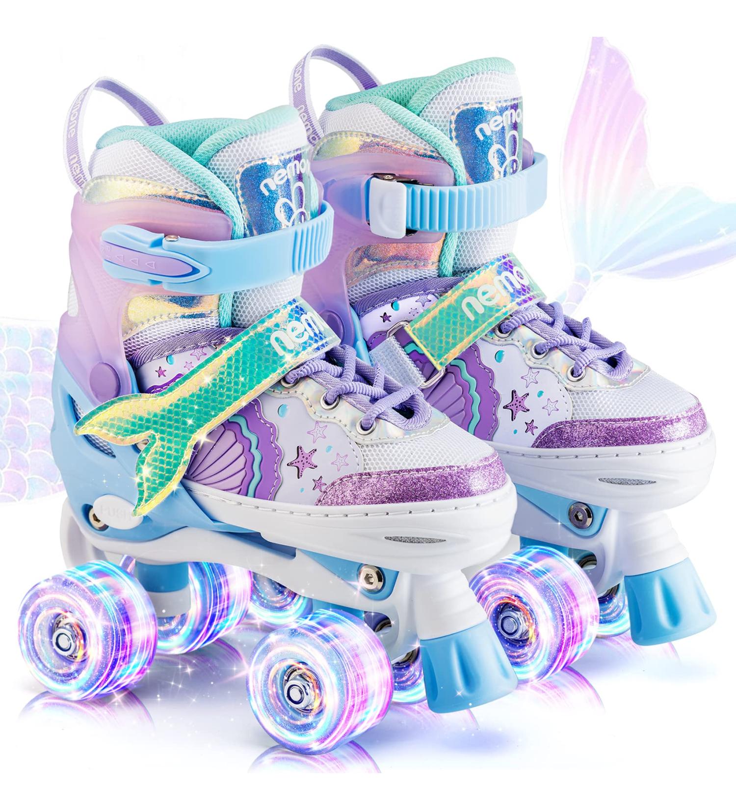 NEMONE Mermaid/Bunny Strawberry Light up Roller Skates | Adjustable 4 Sizes | Purple/Blue Skates for Girls | Indoor/Outdoor Kids Skates - A-Mermaid Medium - Big Kid - Buy Online on SooperMarket.com