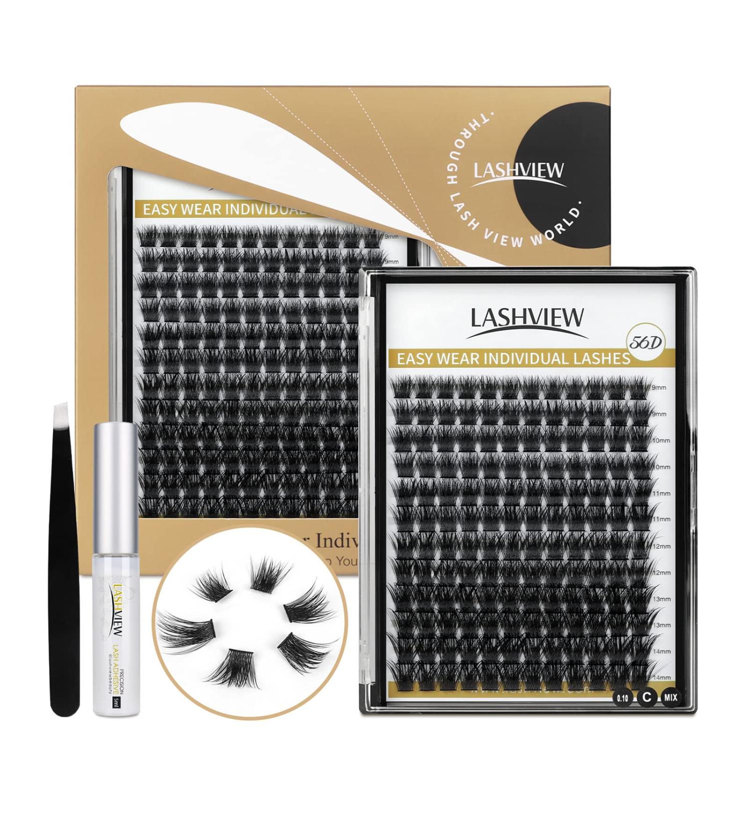 LASHVIEW DIY Cluster Lash Extension Kit - Soft, Lightweight 0.10mm Individual Cluster Lashes 9-14mm Mixed Reusable Wide Band - 56D Daily Kit - Buy Online on SooperMarket.com