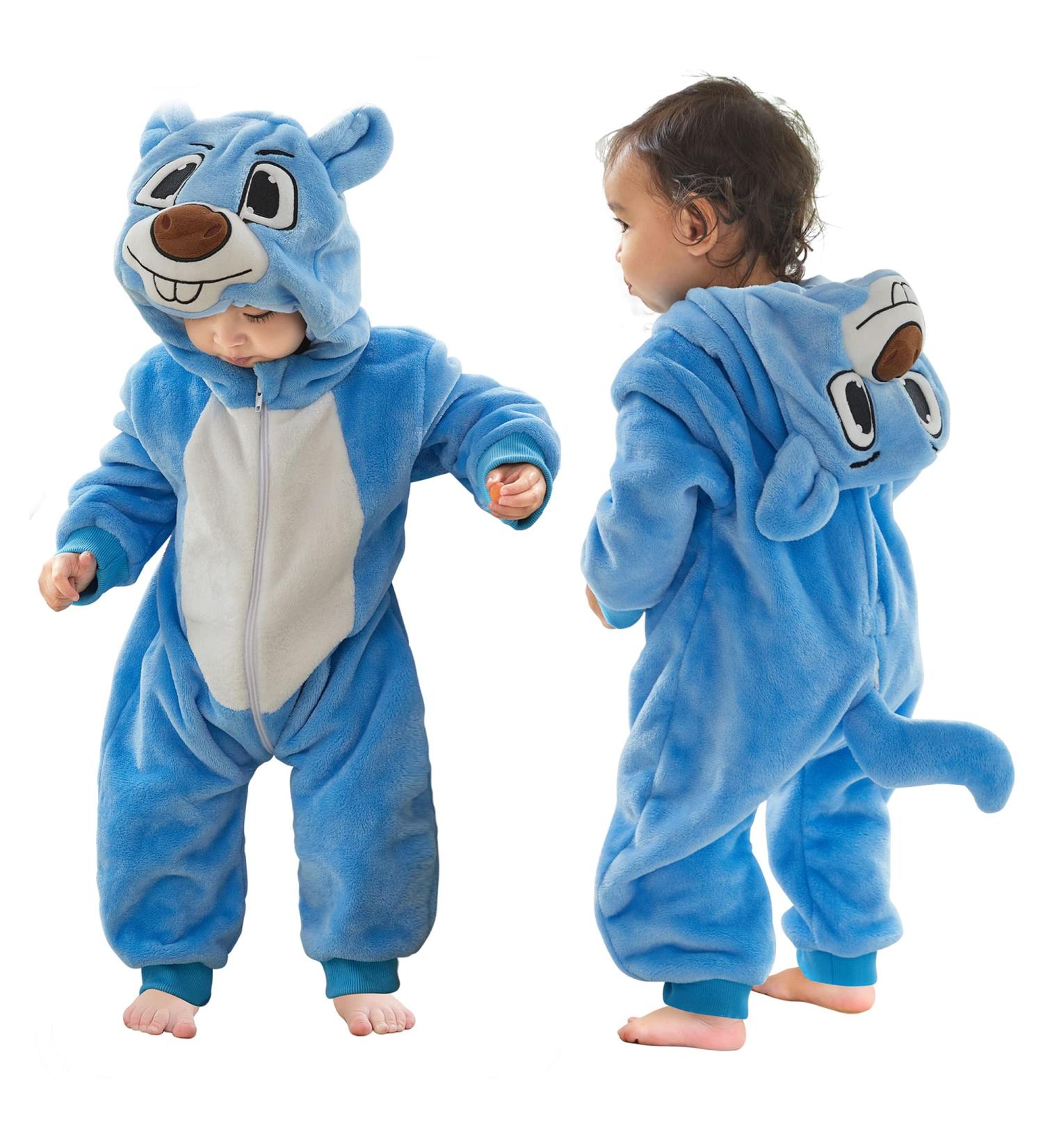 COOKY.D Baby Hooded Rompers | Winter Flannel Jumpsuit Pajamas | 6-12 Months Blue - Buy Online on SooperMarket.com