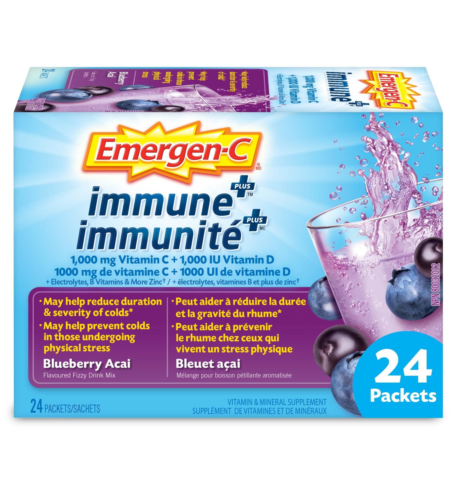 Emergen-C Immune+ 1000mg Vitamin C Powder Supplement Drink Mix Immune System Booster Blueberry Acai 24 Packets Blueberry-Acai 24 Count (Pack of 1) - Buy Online on SooperMarket.com