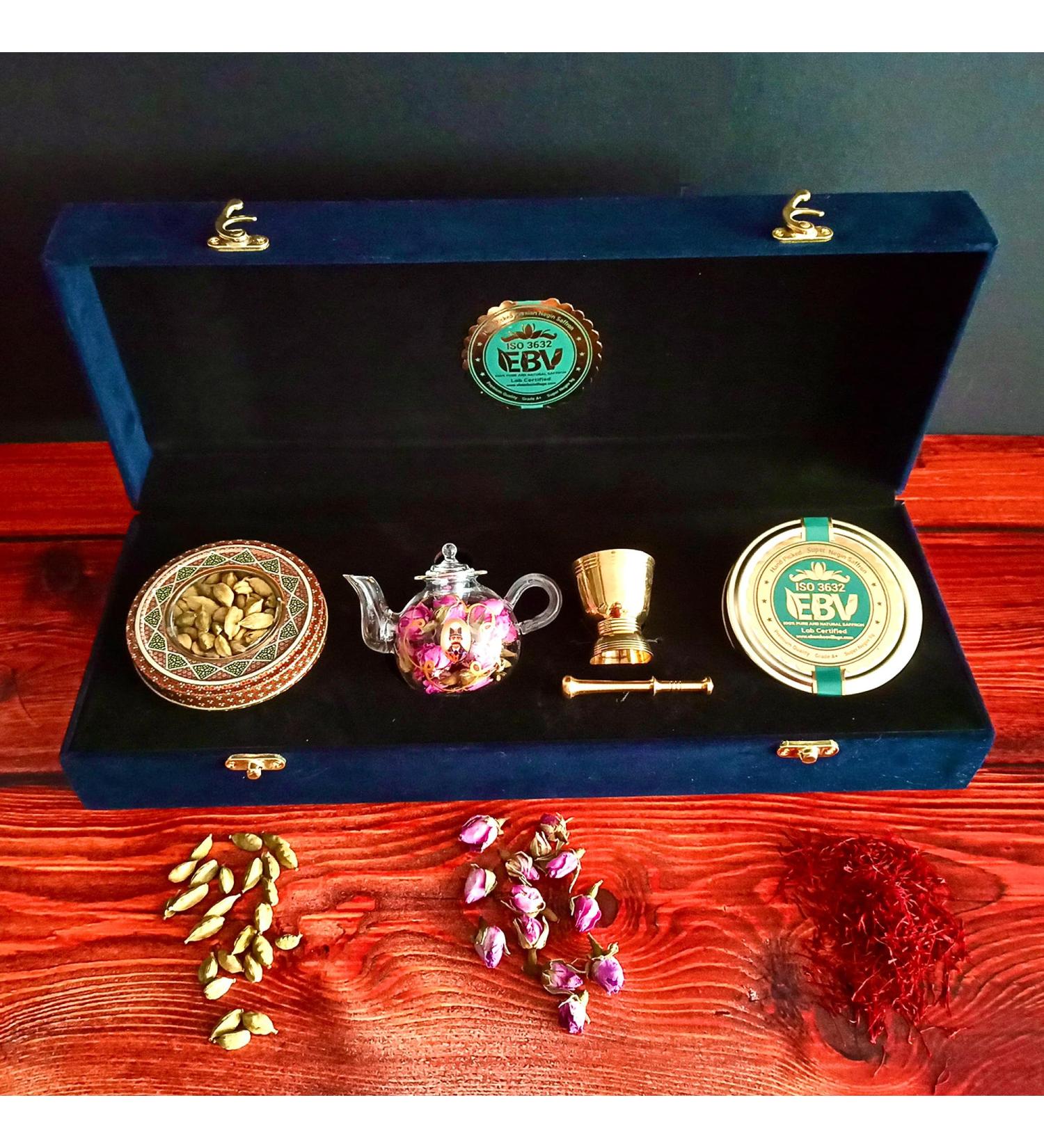Luxurious Saffron Gift Box for Chefs: 9 Gr Grade A+ Organic Super Negin Coupe Saffron Threads Green Cardamom Rose Bud Tea Dried Saffron Teapot Small Brass Mortar and Pestle (Navy Velvet Box) - Buy Online on SooperMarket.com