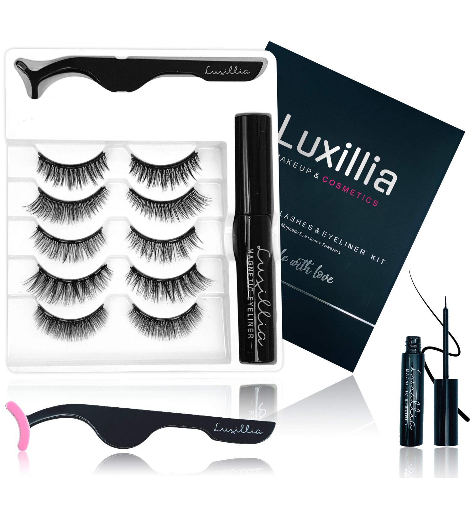 Luxillia Magnetic Lashes with Eyeliner Set - 3D & 8D Natural Looking Reusable Fake Eyelashes Kit - Waterproof Liquid Liner - Includes Applicator - 7 Piece Set - Buy Online on SooperMarket.com