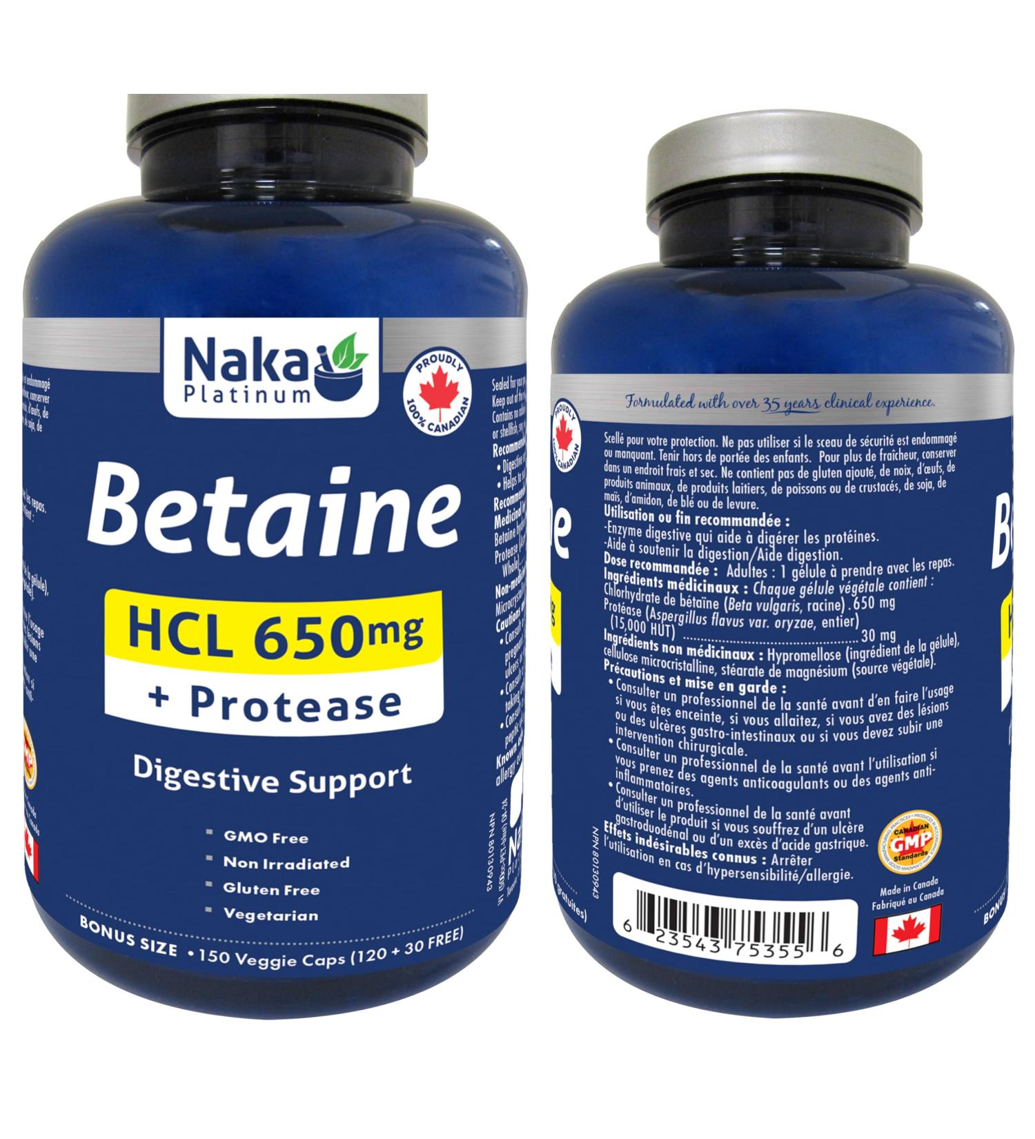 Naka Platinum Betaine HCL 650mg + Protease Digestive Support Made in Canada (150 vcaps) 150 count (Pack of 1) - Buy Online on SooperMarket.com