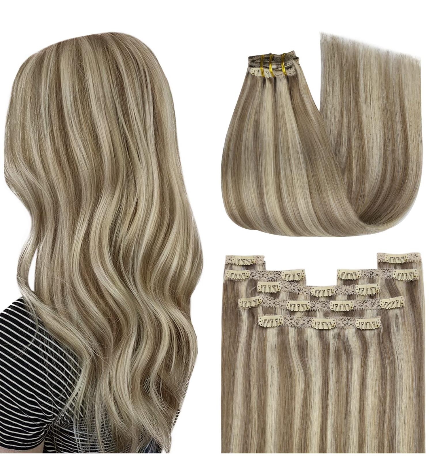 Youngsee 40 cm Clip In Extensions - Real Remy Hair Light Brown & Blonde 120g (7 Pieces) - Buy Online on SooperMarket.com