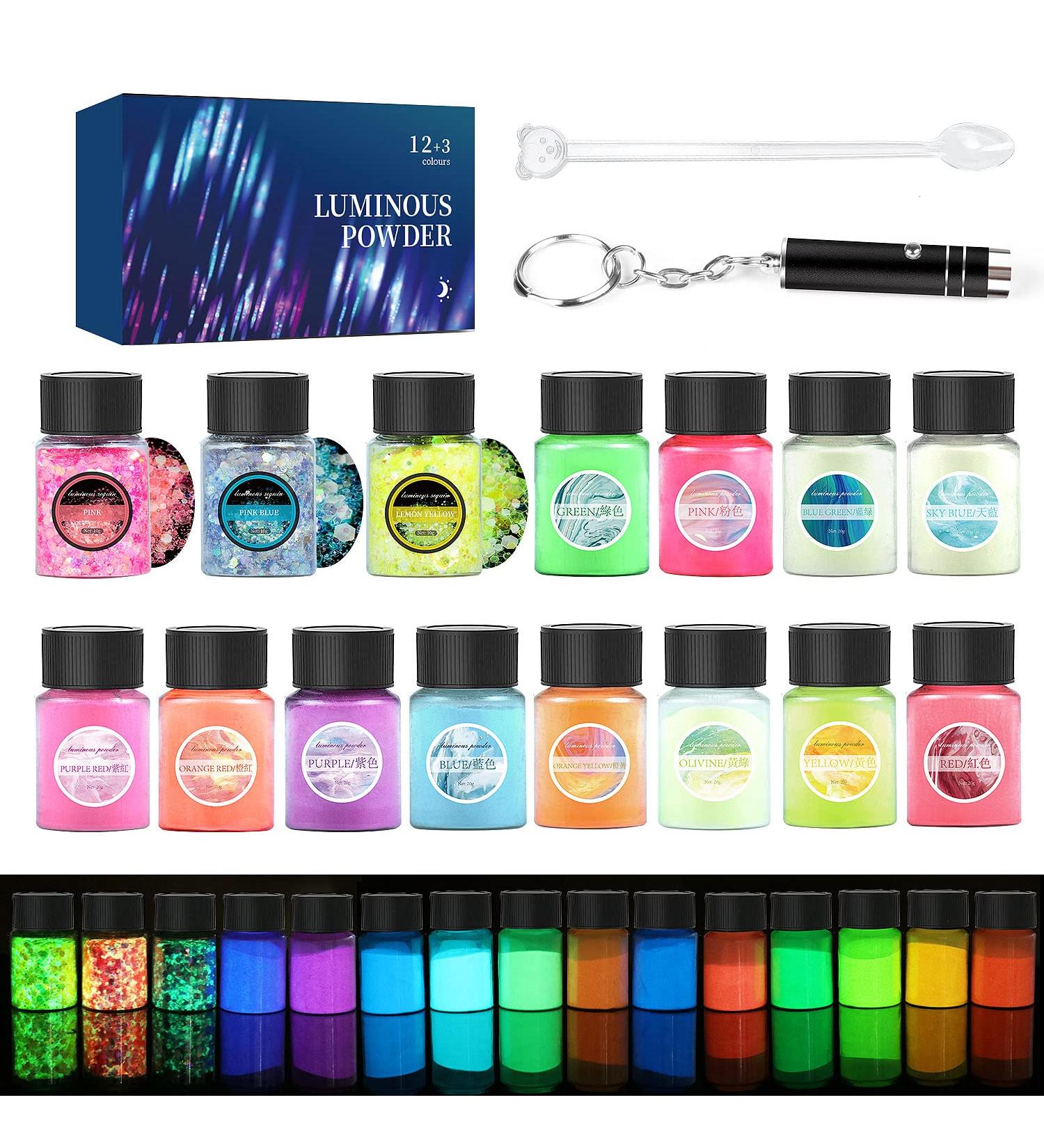 Glow in The Dark Pigment Powder Set - 15 Jars, 12 Color Glow Pigment, 3 Color Luminous Flake with UV Lamp - Epoxy Resin Luminous Powder for Slime, Skin & Nails - Long Lasting Self Glowing Dye for DIY Crafts - Buy Online on SooperMarket.com