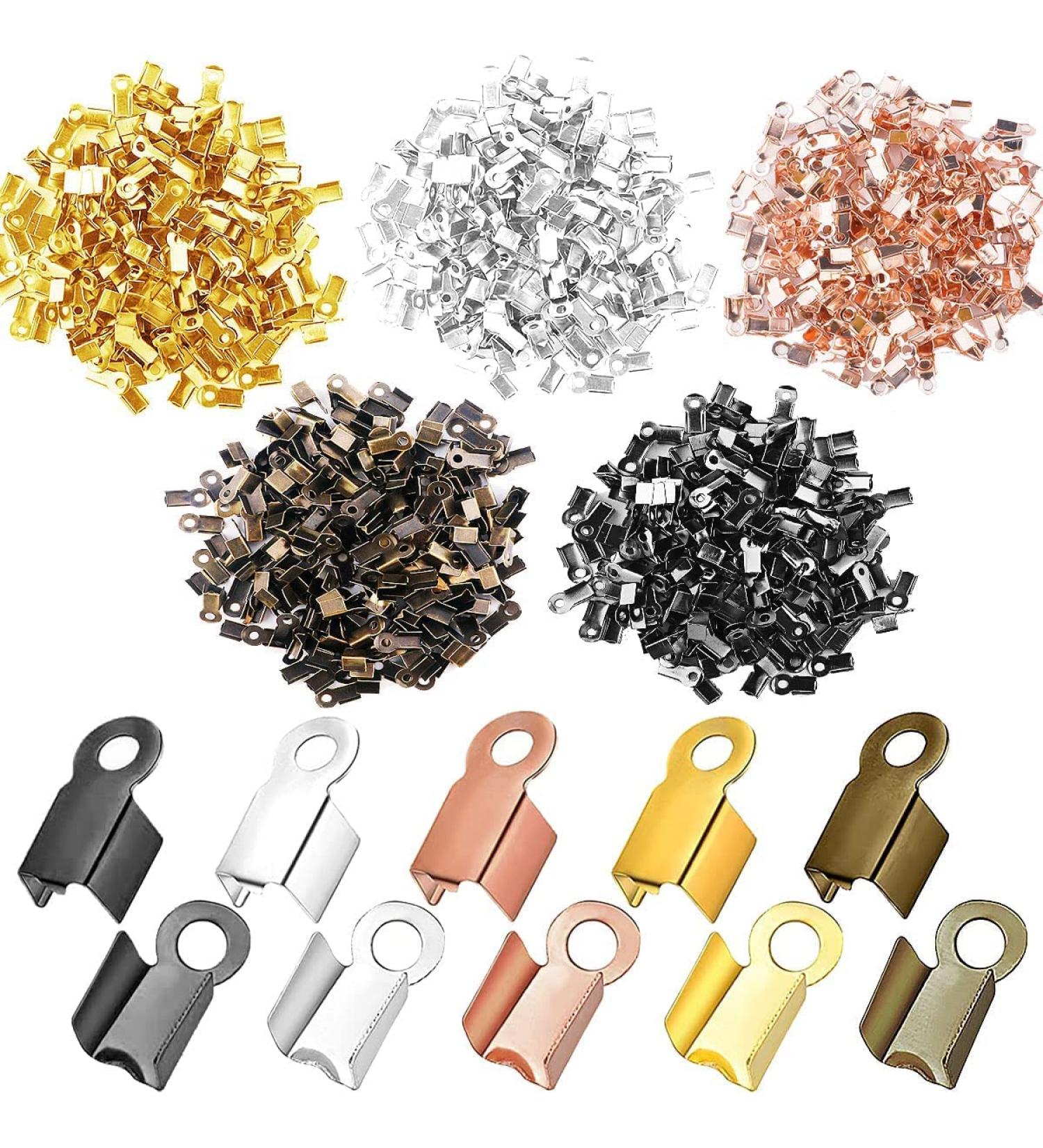 1000 PCS Clamshell Crimp Fold Over Cord Ends - DIY Jewelry Making Cord Tips in Gold, Silver, Gun Black, Bronze, and Rose Gold - Buy Online on SooperMarket.com
