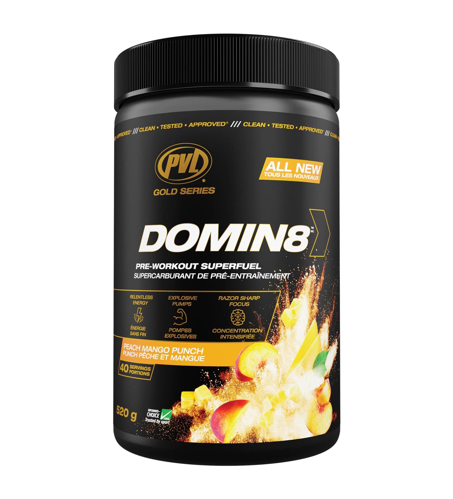 PVL Gold Series Domin8 | Pre-workout Superfuel - full dose Preworkout - 520 g - Peach Mango Punch - Buy Online on SooperMarket.com