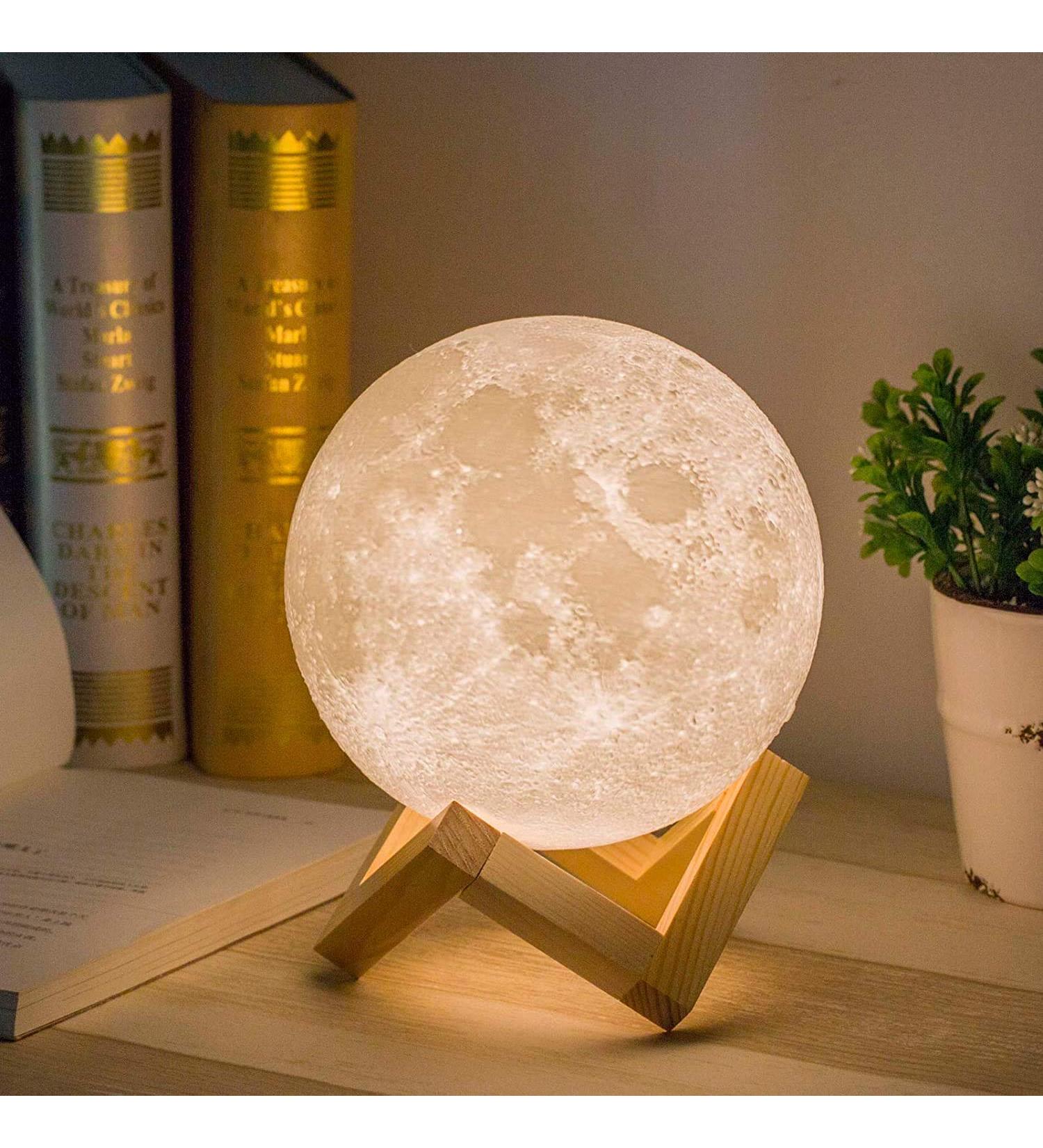 Methun 3D Moon Lamp 5.9 Inch with Wooden Base - LED Night Light for Home Decor - Touch Control Brightness - Ideal Gift for Bedroom, Christmas, New Year - White & Yellow - Buy Online on SooperMarket.com