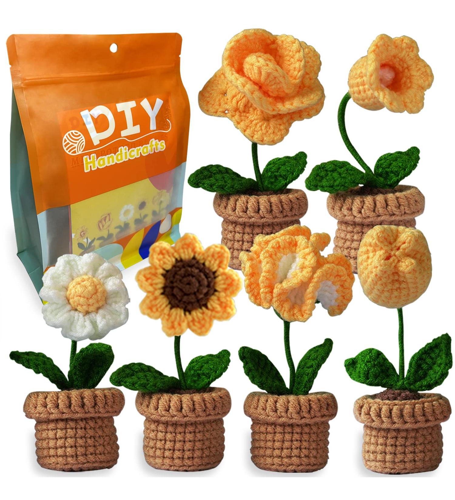 Qunland Crochet Kit for Beginners - 6 Pcs Potted Flowers DIY Kit for Adults and Kids - Yellow Crochet Starter Knitting Kit with Step-by-Step Instructions - Buy Online on SooperMarket.com