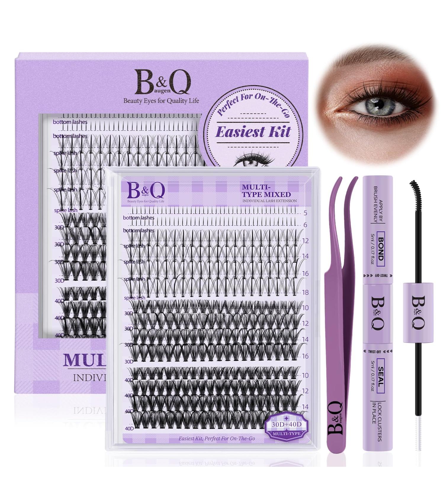 B & Q Eyelash Extensions Set | 30D + 40D DIY Spike Lash Kit - Bond & Seal & Tweezers Included | Multi-Style Mix (10-16 Mix) | Perfect for Professional or DIY Use - Buy Online on SooperMarket.com