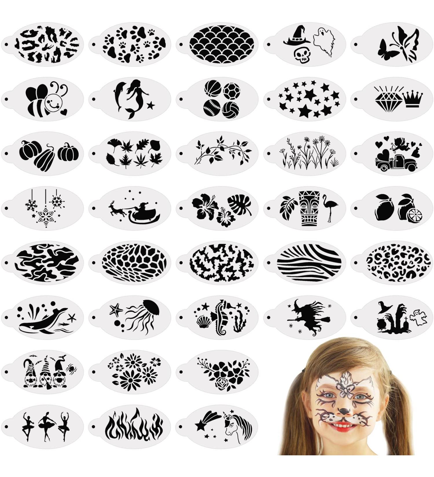 Jecery 36 Pcs Face Paint Stencils for Halloween Makeup - Reusable Templates for Mermaid, Unicorn, Leopard, Witch, Ghost, Pumpkin & Skull Tattoos (Fresh Style) - Buy Online on SooperMarket.com