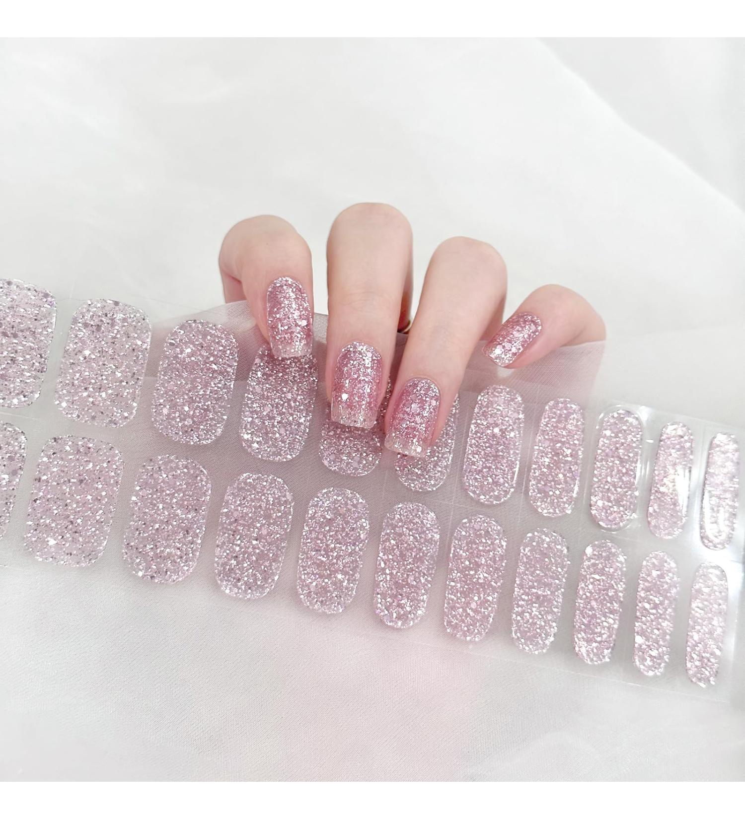 Semi Cured Gel Nail Wraps 22Pcs Pink Glitter Gel Nail Polish Strips Self-Adhesive Gel Nail Stickers Salon-Quality French Manicure Stickers with Soft Glossy Gel Finish Easy to Apply & Remove Sparkle Pink - Buy Online on SooperMarket.com