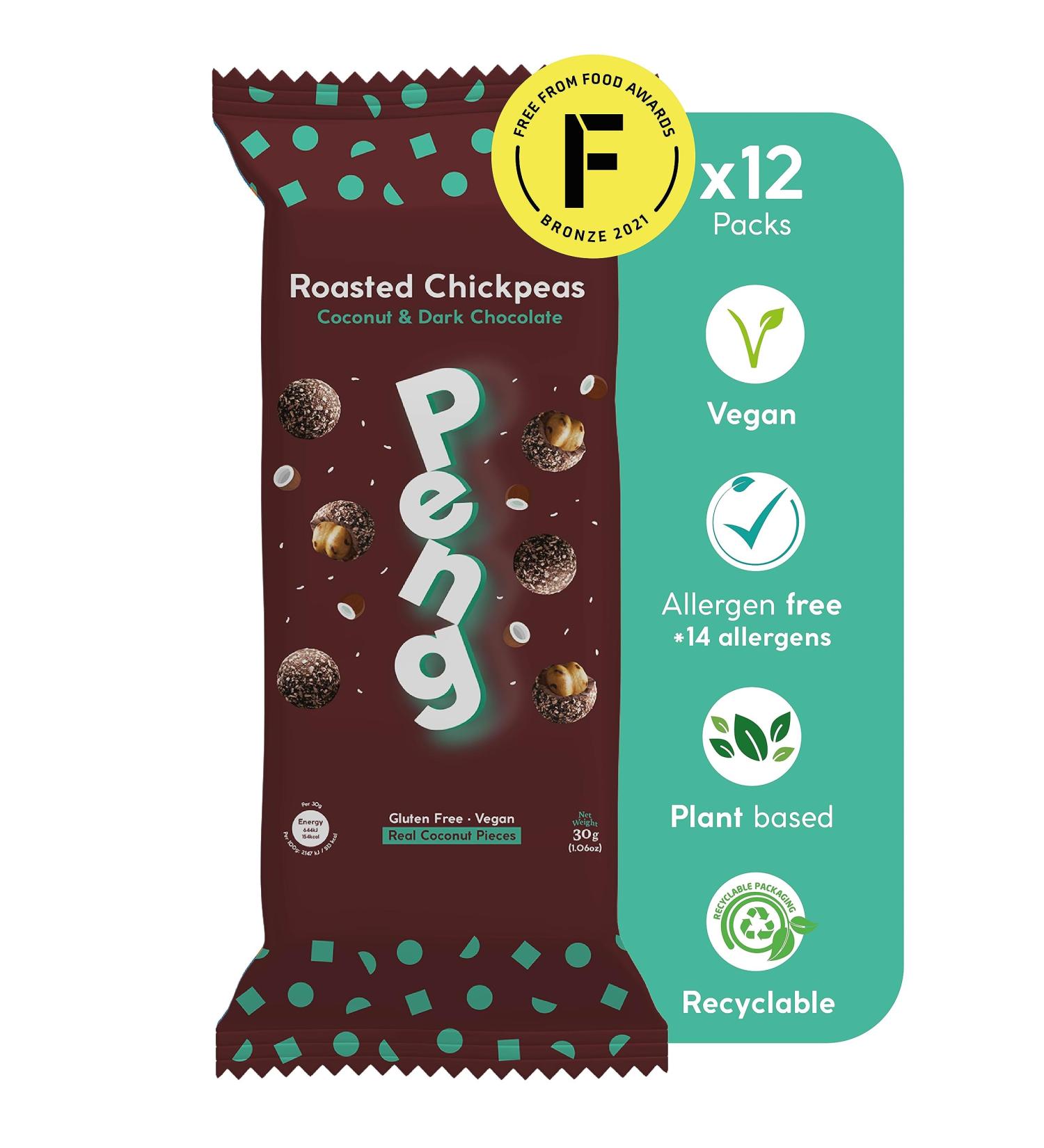 Peng Roasted Chickpeas Snack (12 x 30g) - Healthy High Protein Plant-Based Double Roasted Chickpeas Snack (Coconut & Dark Chocolate) - Buy Online on SooperMarket.com