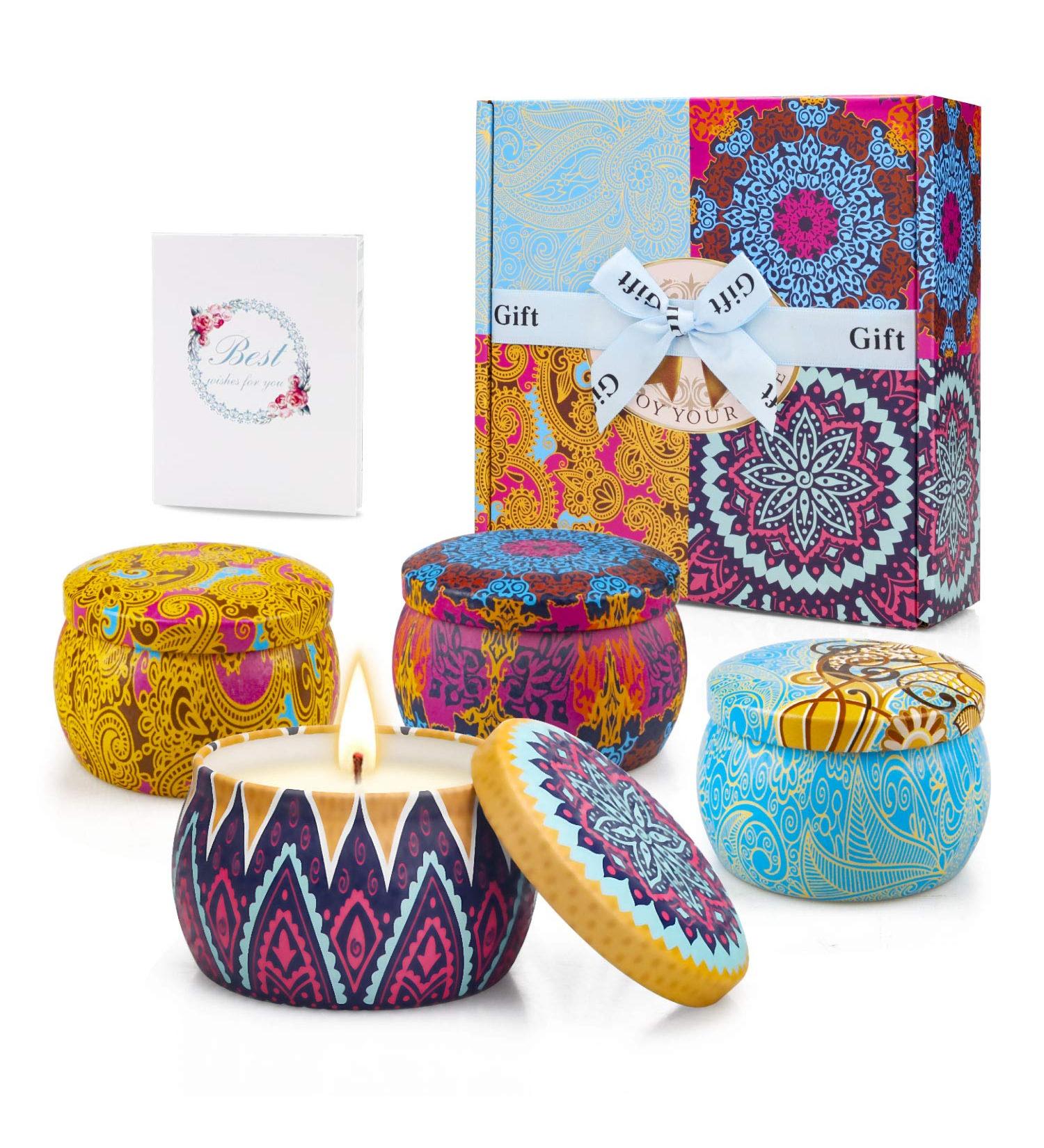 Scented Candle Gift Set for Women - 5.6oz Natural Soy Wax, 120 Hours Burning Time, Aromatherapy in Portable Tin - 4 Fragrances: Lavender, Lemon, Fig. Perfect Gift for Her! - Buy Online on SooperMarket.com