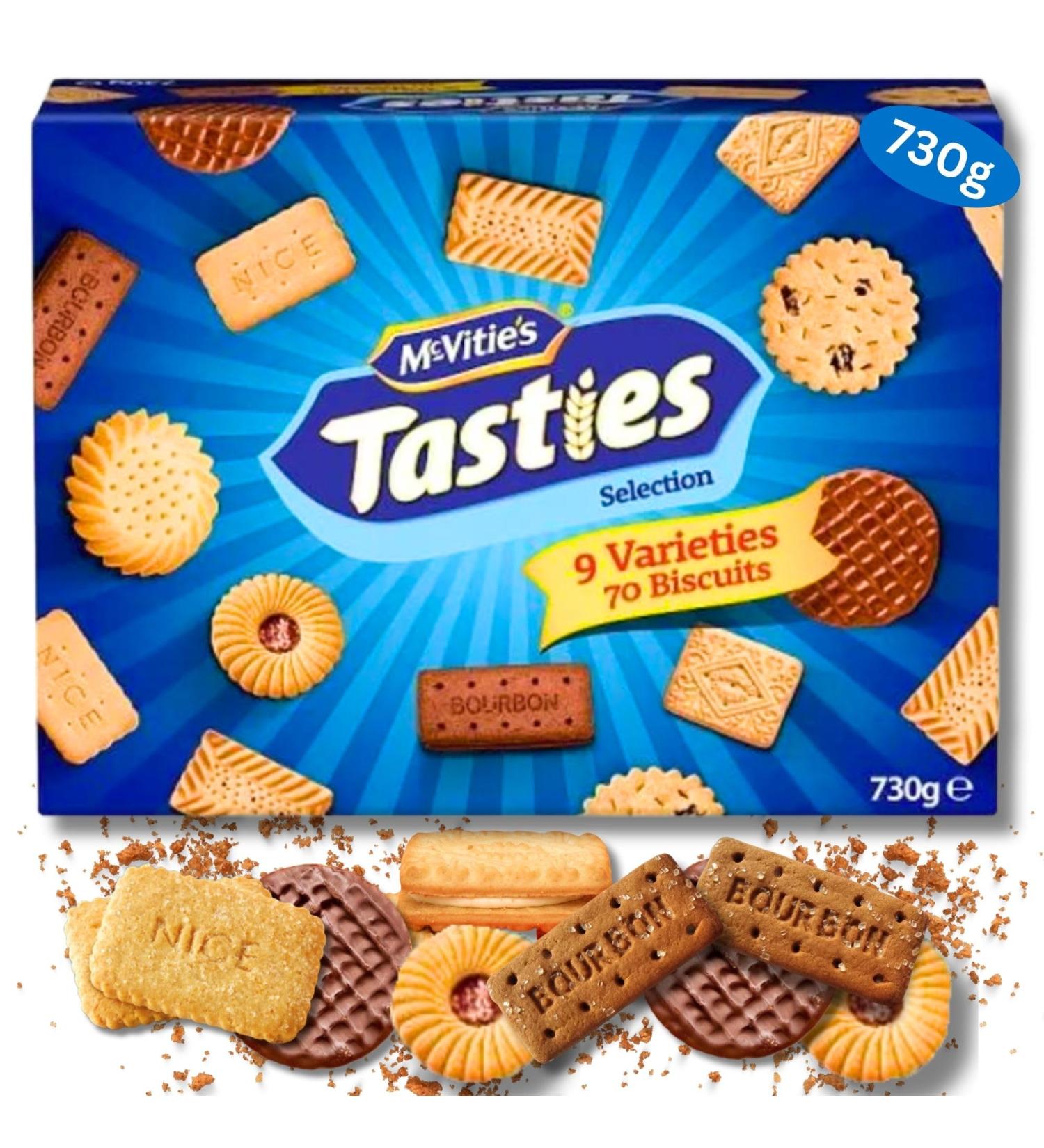 McVities Tasties Biscuit Selection Assorted Biscuits Box 70 Biscuits 9 Varieties 730g Box of Biscuits Custard Creams Bourbon Milk Chocolate Digestive Jam Rings Nice Digestives Shortcake - Buy Online on SooperMarket.com
