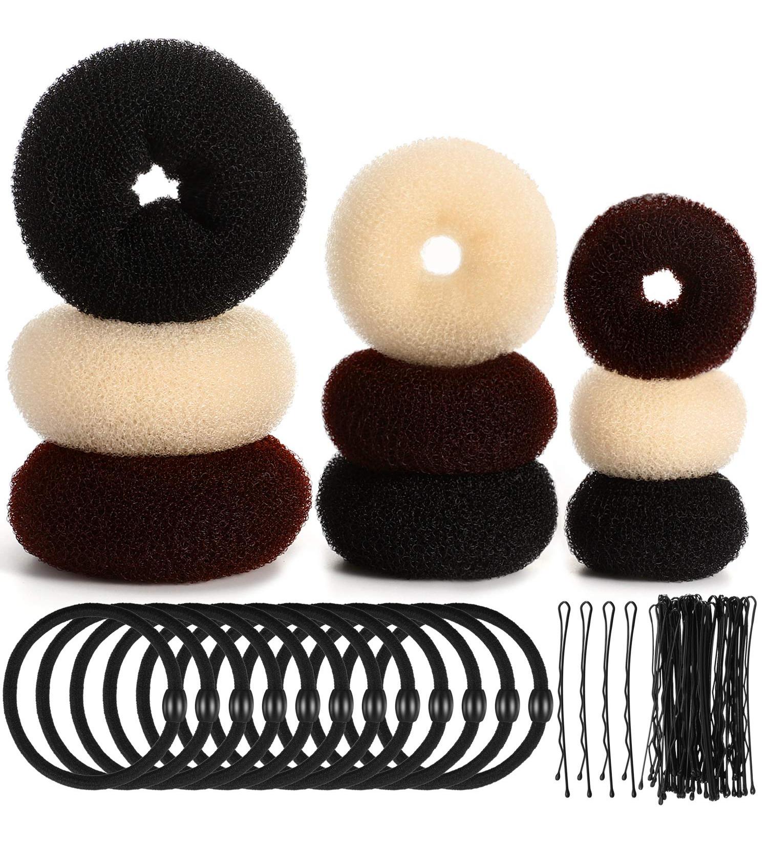 9 Pieces Donut Bun Maker Hair Bun Maker Bun Maker Bun Maker Ring Style with 12 Pieces Hair Bands and 32 Pieces Hair Pins (Black Brown Beige) - Buy Online on SooperMarket.com