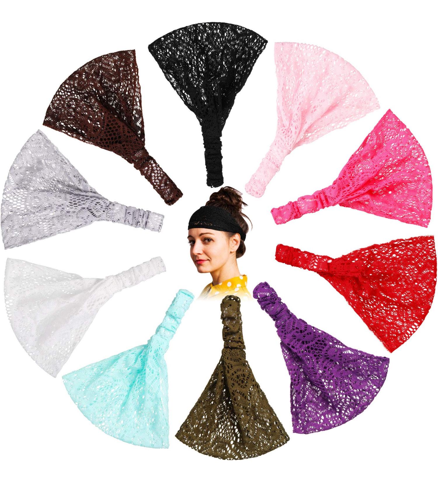 Lace Elastic Headbands Set - 10 Pieces Boho Bandana Hair Accessories for Women and Girls in 10 Colors - Buy Online on SooperMarket.com